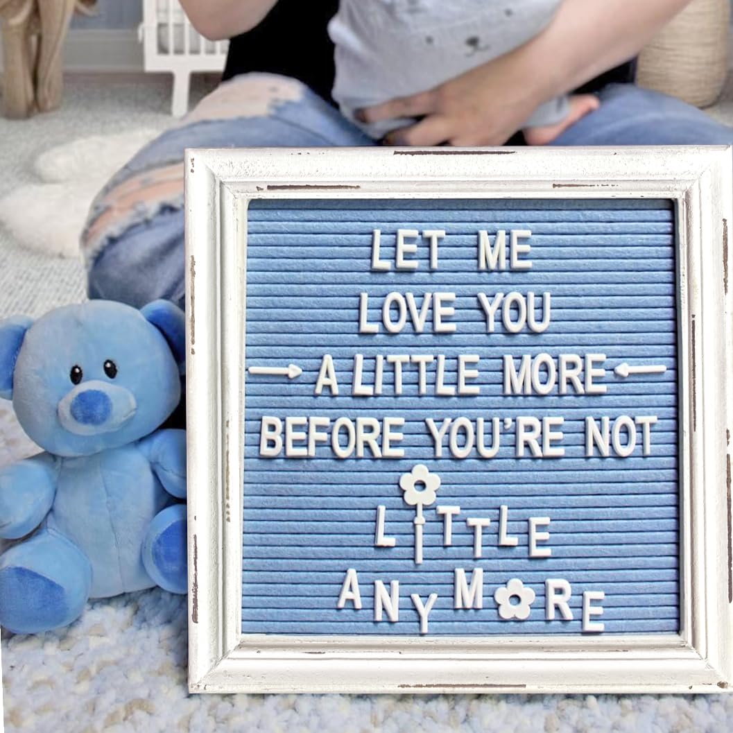 Blue Felt Letter Board with Rustic Wood White Frame - 10x10 Changeable Message Board for Baby Announcements, Rustic Farmhouse Decor - Includes 350 Letter Set & Stand - Perfect for Nursery Decor, Wedding Signs, and Home Office Organization