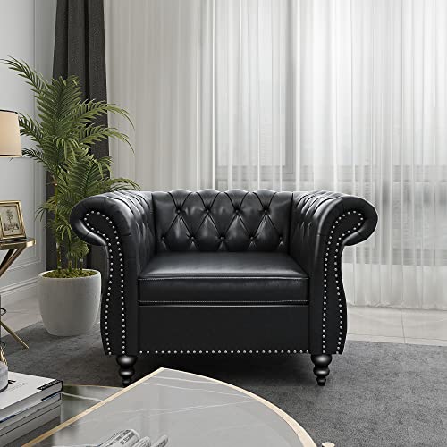 RARZOE Contemporary PU Chesterfield Chair - Faux Leather Club Chair with Button Tufted Design & Nailhead Trim - Scrolled Arm Accent Chair for Living Room, Bedroom, Office (Black) - Perfect for Home Decor, Reading Nook & Lounge Areas