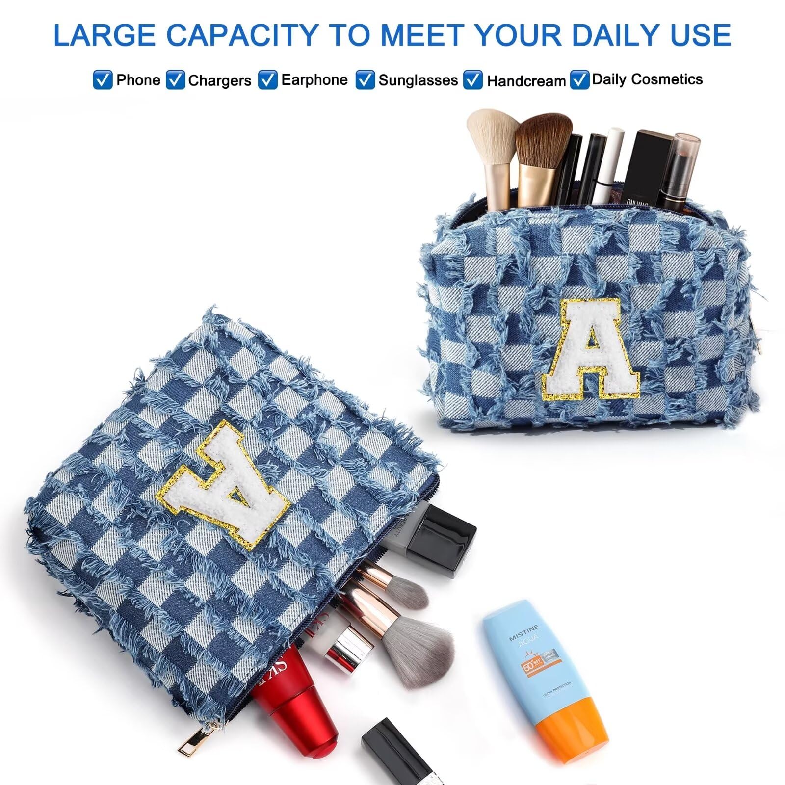 Personalized Monogrammed Makeup Bag for Women - Custom Initial Checkered Cosmetic Pouch - Unique Christmas & Birthday Gift for Her, Girlfriend, Mom, Daughter, Teens, Bridesmaids, Friends & Teachers | Perfect for Travel, Daily Use & Special Occasions