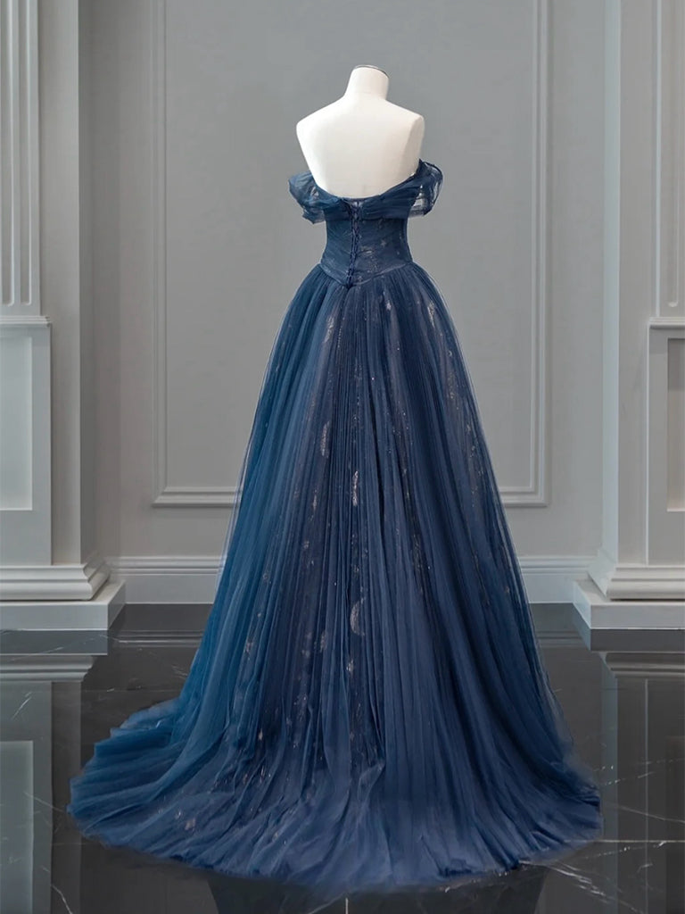 Elegant Off-Shoulder A-Line Tulle Lace Dark Blue Long Prom Dress & Evening Gown for Formal Events, Homecoming, Weddings & Special Occasions