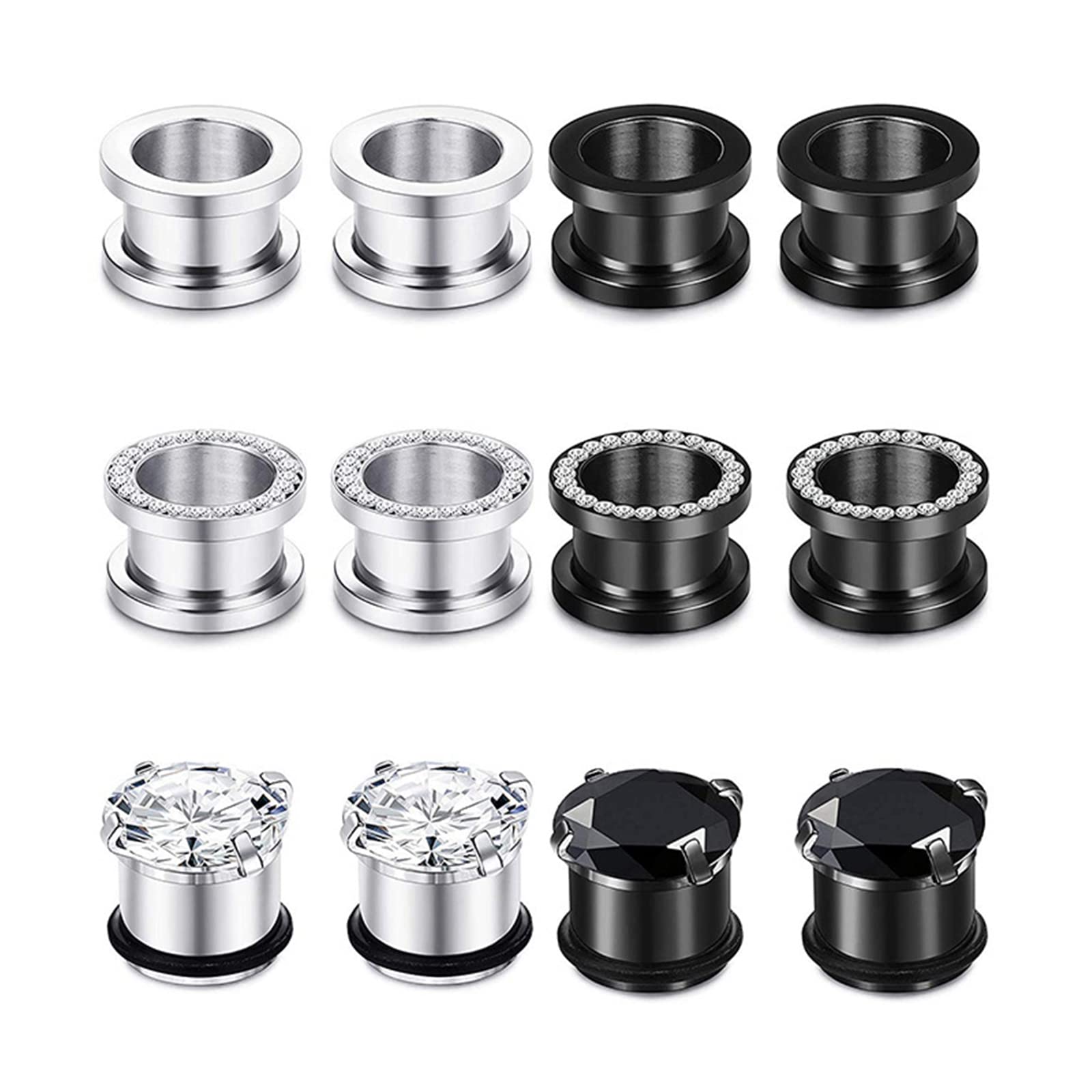 12PCS Black Gauge Plugs for Men - Silver Black Hoop Ear Gauges with Cubic Zirconia | Body Piercing Tunnels for Stretching | Perfect for Everyday Wear and Alternative Fashion Style