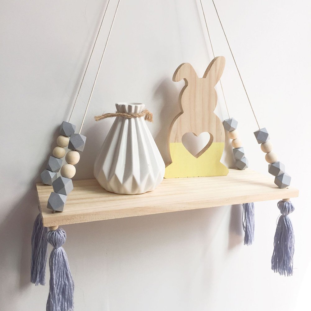 Nordic Hanging Swing Rope Floating Shelves with Tassel Beads - Wooden Wall Shelf for Kids Room Decor, Nursery Storage & Display - Light Gray - Perfect for Bedroom, Playroom and Dorm Organization