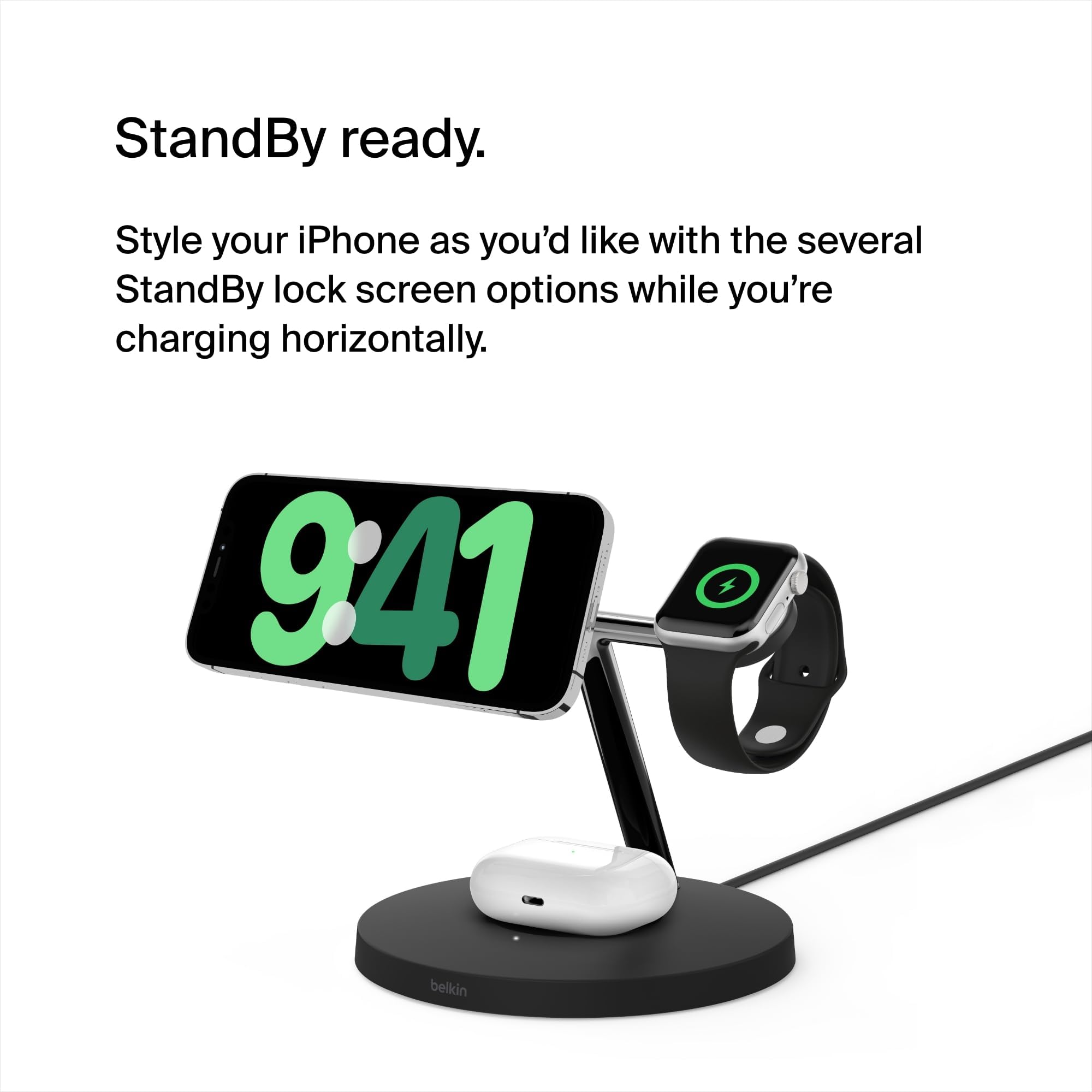 Belkin BoostCharge Pro 3-in-1 Wireless Charger Stand with Qi2 Technology - Fast 15W Charging for iPhone 16/15/14/13/12, Apple Watch & AirPods - Magnetic Charging Pad (Black) | Perfect for Bedside, Office Desk & Travel