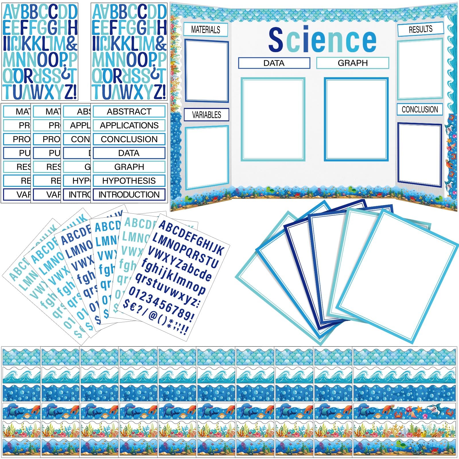96 Pcs Science Fair Board Kit - Self-Adhesive Titles, Subtitles & Borders for School Projects (Ocean Theme) | Classroom & STEM Display