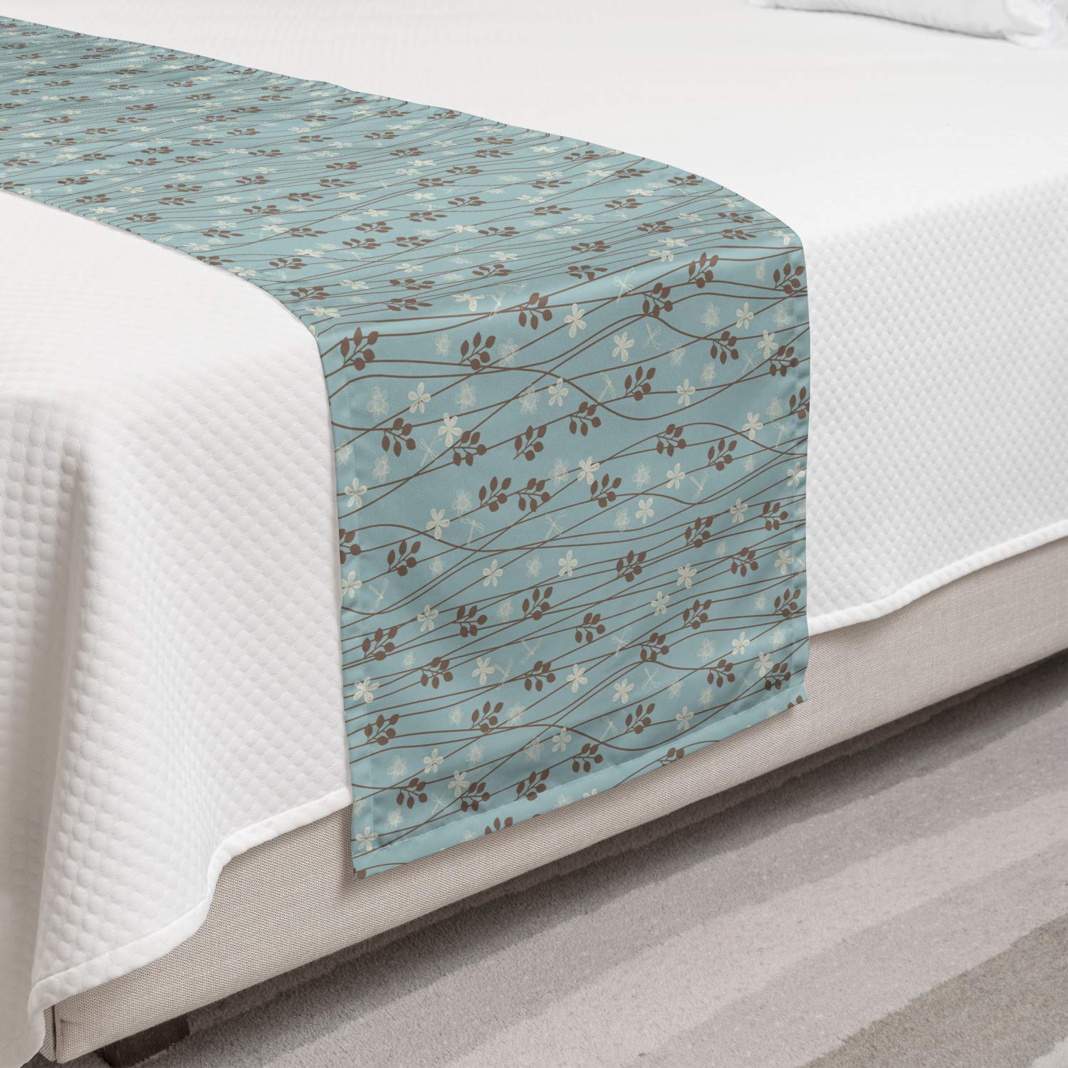Ambesonne Vintage Floral Bed Runner - Rustic Blossoming Branches & Wildflowers Design, Decorative Accent Bed Scarf for Home, Hotel & Guest Room Decor - Pale Blue Cream Umber | Perfect for Farmhouse, Cottage & Boho Bedroom Styling