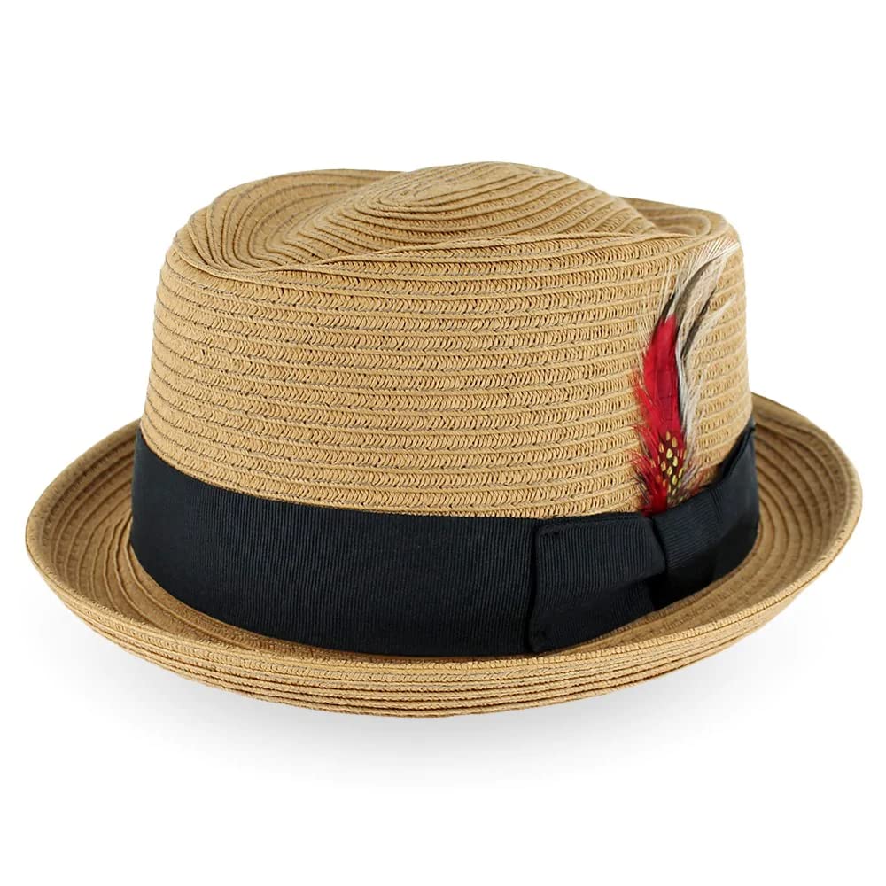 Stylish Belfry Men & Women Summer Straw Pork Pie Trilby Fedora Hat - Blue, Tan, Black | Perfect for Beach, Outdoor & Casual Wear