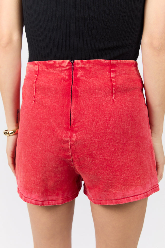 Trendy Red Acid Wash Denim Skort with Side Slit - High Waist Stretch Skater Skirt for Women | Perfect for Casual Outfits, Street Style & Summer Fashion