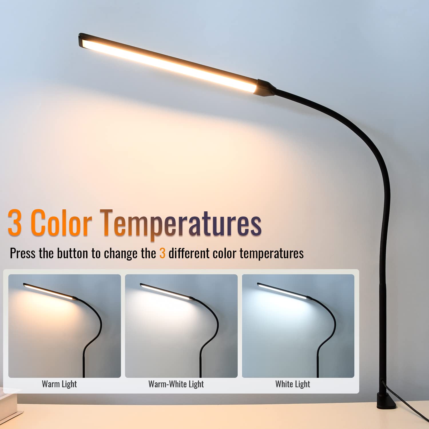 LED Desk Lamp with Clamp - Adjustable Gooseneck Clamp Light, 11W 850 Lumens, 3 Color Modes & 10 Brightness Levels, Eye-Caring Clip-On Desk Lamp for Reading, Studying, Home Office, Dorm Room, and Workspace