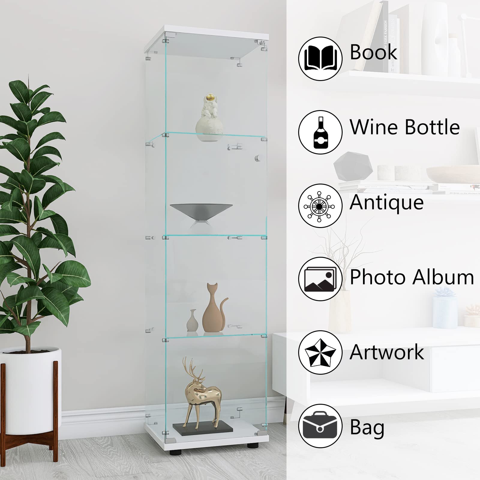 Glass Display Case Cabinet with Glass Doors & Shelves - Wall Mounted Curio Cabinet, Corner Bookcase & Glass Bookshelf Storage for Living Room, Bedroom, Office (White) - Perfect for Showcasing Collectibles, Books & Decorative Items