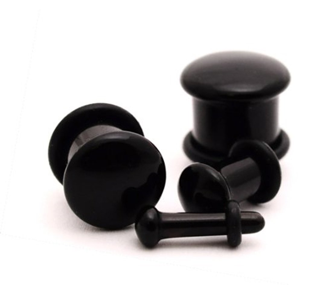 Black Agate Stone Plugs - 00g (10mm) Single Flare Body Jewelry - Sold as Pair - Perfect for Ear Stretching & Alternative Fashion
