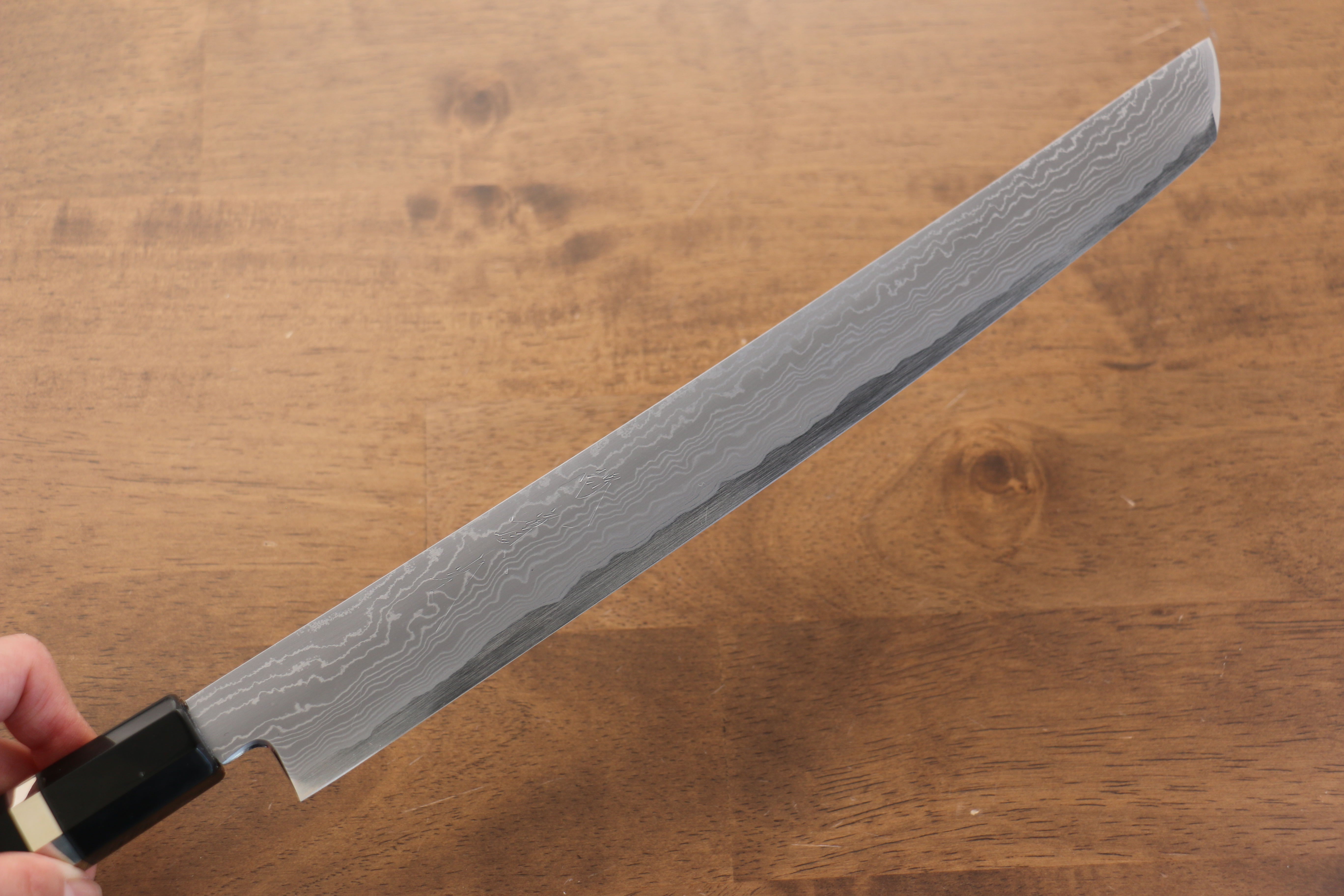 Premium Jikko Blue Steel Damascus Sakimaru Sujihiki Knife 300mm - Handcrafted Japanese Chef Knife with Ebony Wood Handle & Double Ring Design - Perfect for Slicing Sashimi, Meat, and Precision Cutting in Professional Kitchens