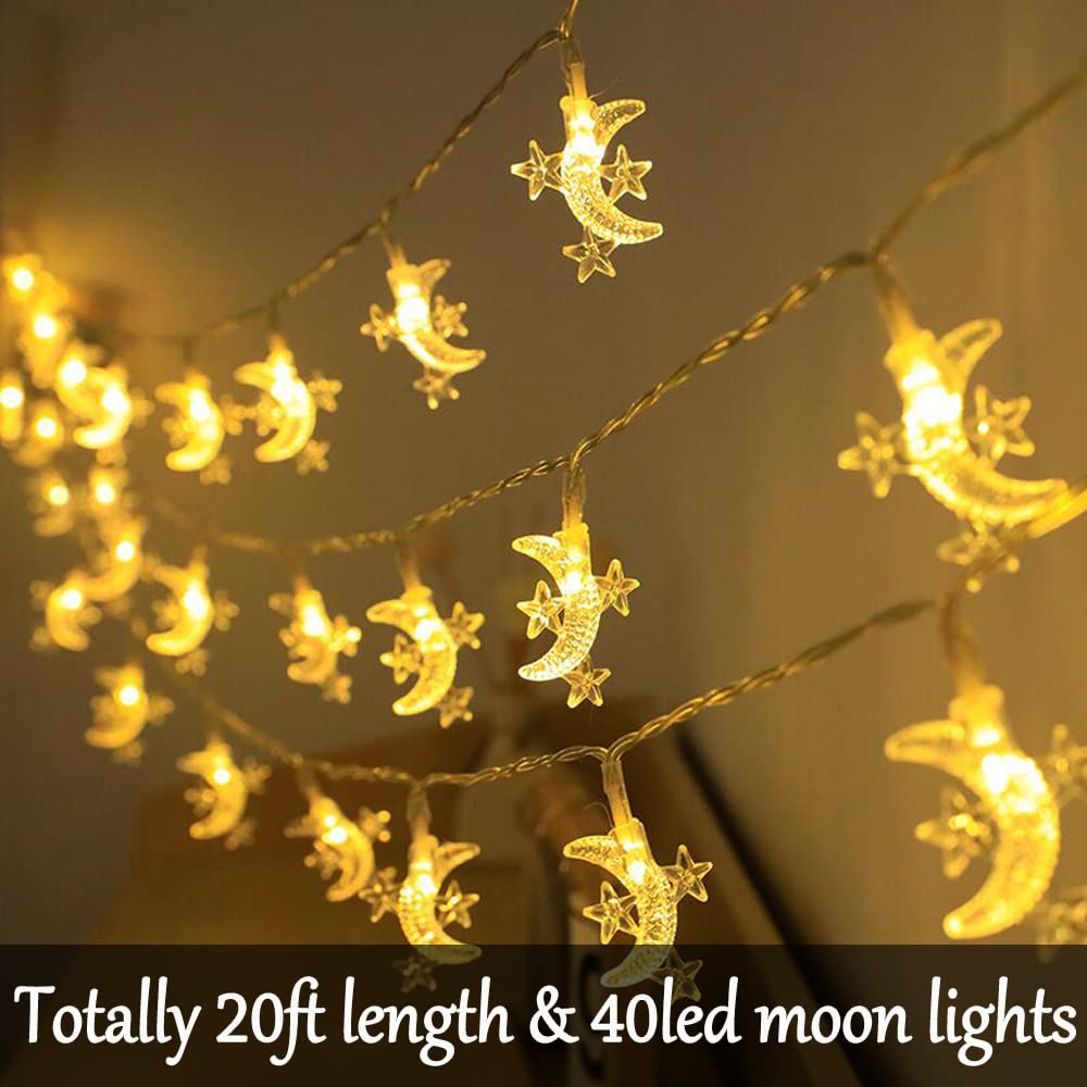 40 LED Moon String Lights Battery Operated - 20ft Moon & Star Fairy Lights for Outdoor Patio, Garden, Wedding Decorations | Party, Festival, Ramadan Lights | Perfect for Backyard, Bedroom & Holiday Decor