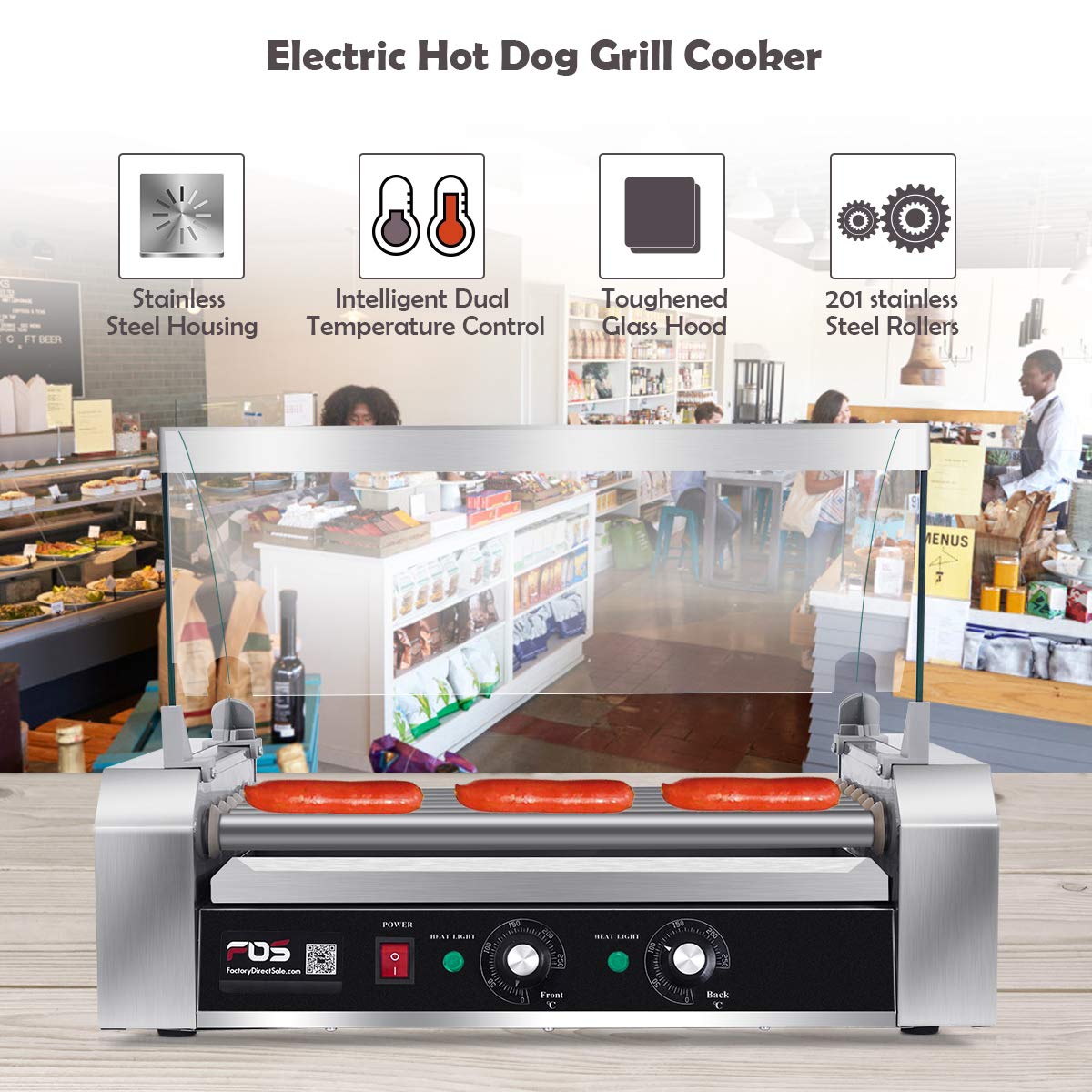Electric Hot Dog Roller Machine - 18 Hot Dog Capacity, Non-Stick Surface, Removable Stainless Steel Drip Tray & Glass Hood Cover - Commercial Countertop Hot Dog Warmer for Restaurants, Food Trucks & Convenience Stores