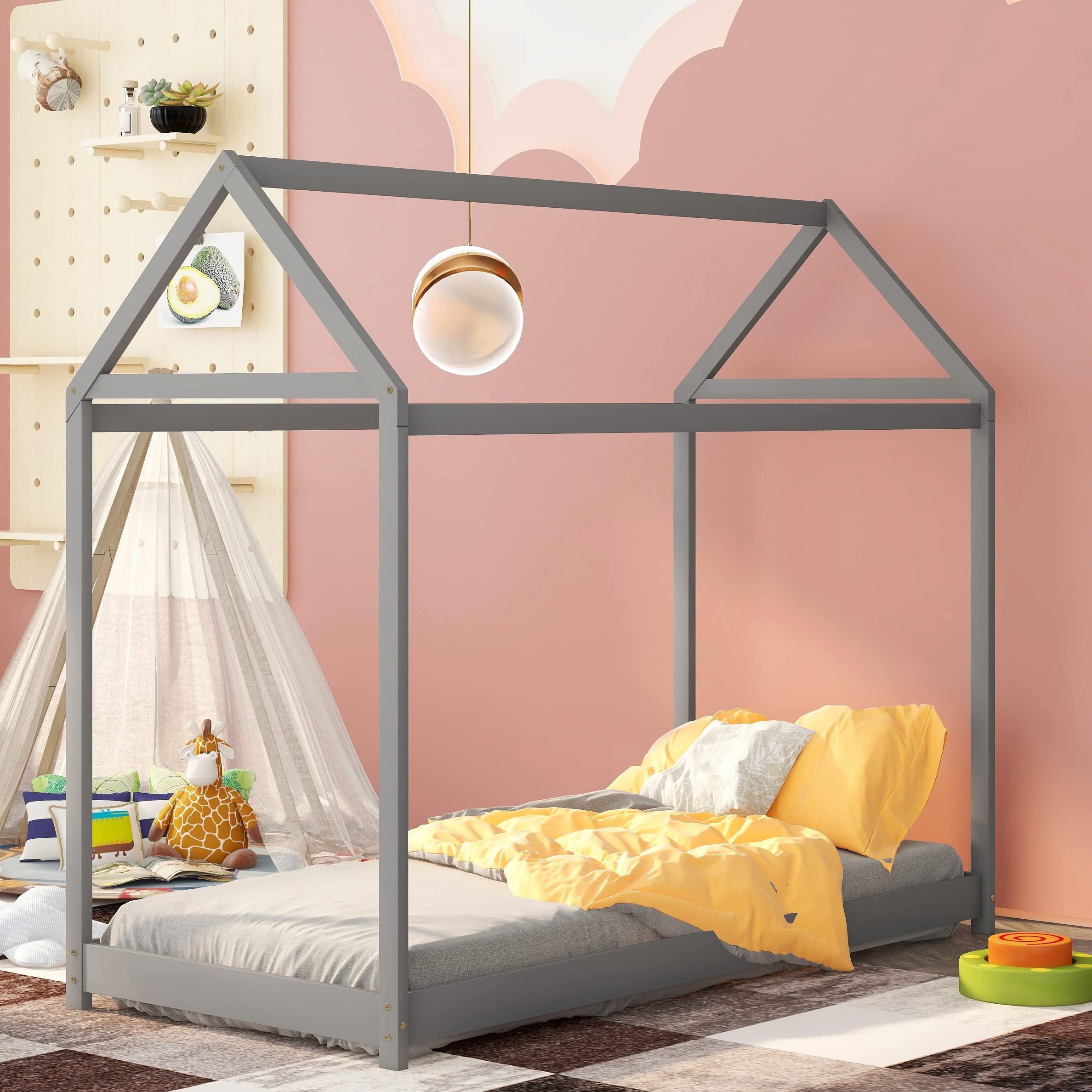 **MERITLINE Twin Size Kids House Bed Frame with Roof - Sturdy Wooden Loft Bed for Children, No Box Spring Needed (Grey) - Perfect for Playrooms, Bedrooms & Montessori Spaces**