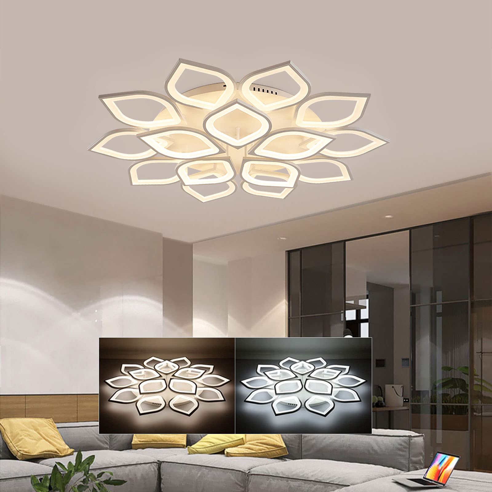 15-Light Flush Mount LED Chandelier - Modern Ceiling Flower Lamp with Remote Control for Living Room, Bedroom, Hall & Dining Room | Energy-Efficient Lighting for Home Decor & Ambiance