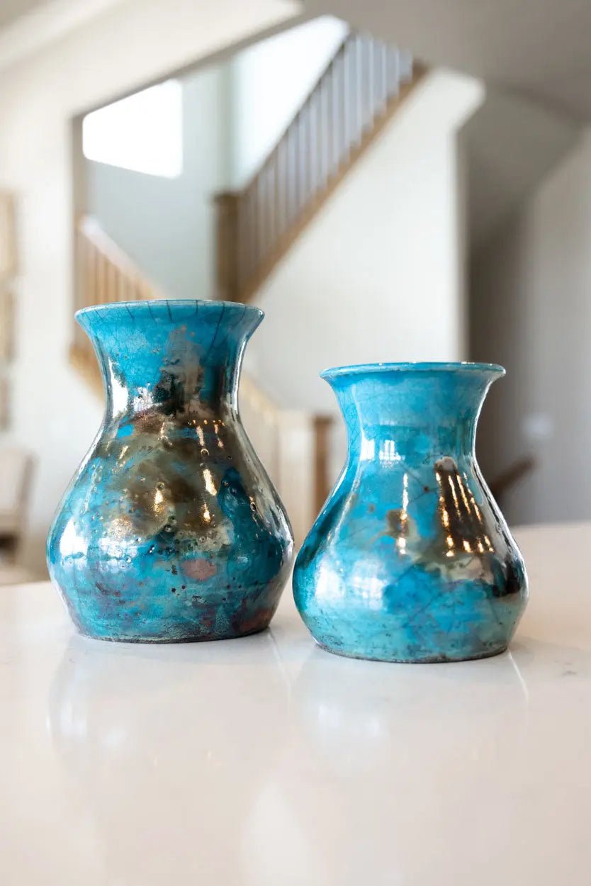 Set of 2 Handcrafted Raku Ceramic Vases - Turquoise & Copper Glaze | Boho Home Decor, Wedding Centerpiece, Tabletop Display