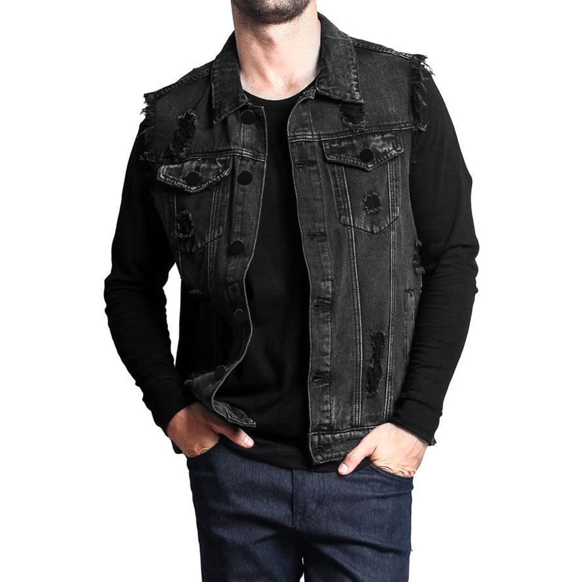 Iynnijoy Men's Distressed Denim Vest - Sleeveless Slim Fit Waistcoat with Pockets | Western Cowboy Style for Casual Wear & Outdoor Events