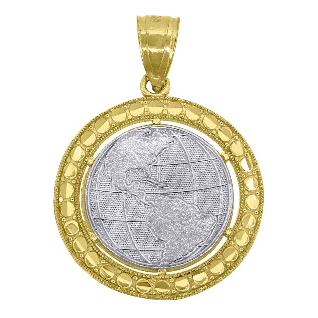 10K Two-Tone Gold Textured Globe Charm Pendant Necklace for Men & Women - 25.2x17.60mm Wide - Perfect Jewelry Gift for Travel Lovers & Adventurers - Ideal for Anniversary, Birthday & Special Occasions