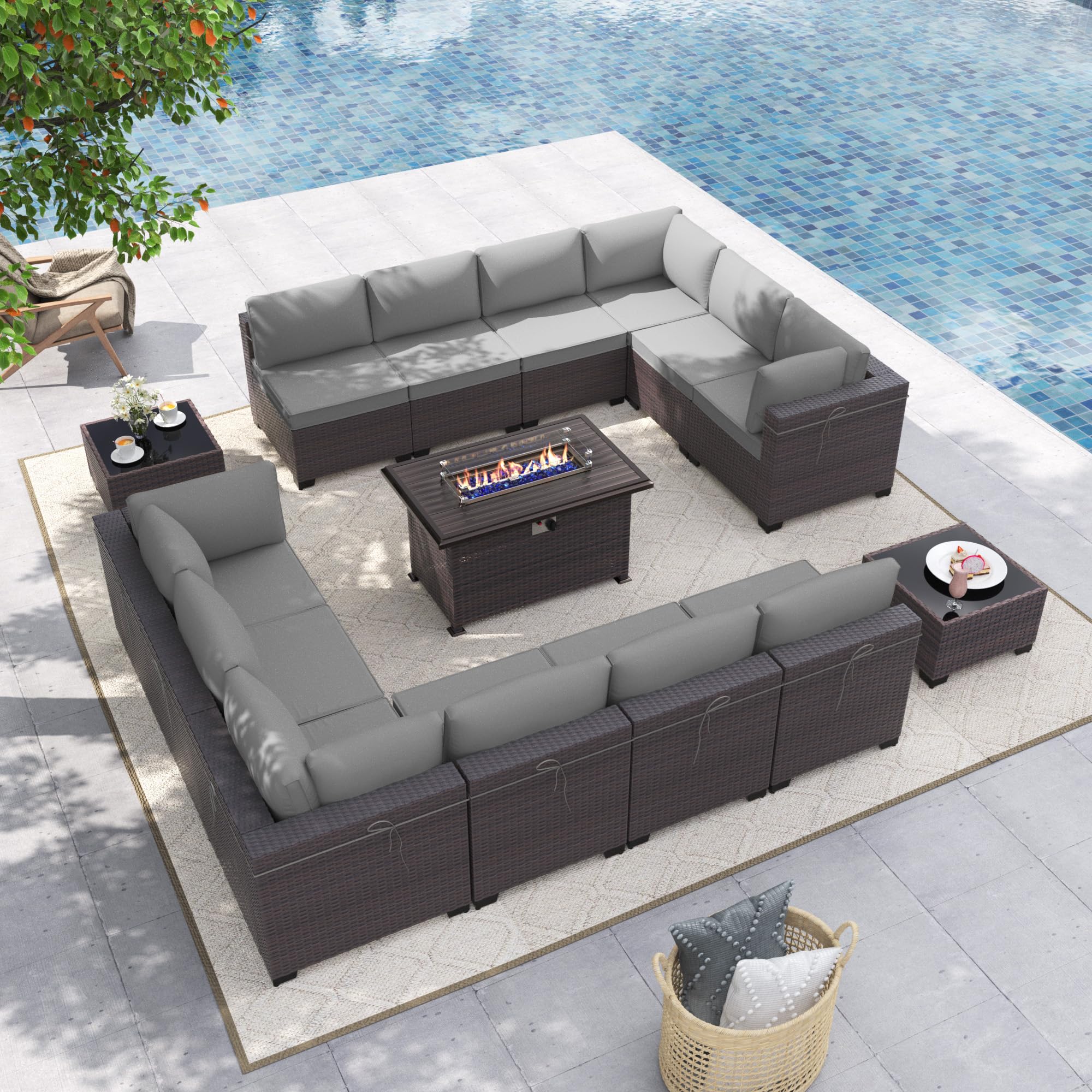 Gotland 15-Piece Outdoor Patio Furniture Set with 43-inch Gas Fire Pit Table - 55,000 BTU Auto-Ignition Sectional Sofa Set with Glass Wind Guard - Perfect for Backyard, Garden, Poolside & Outdoor Entertaining