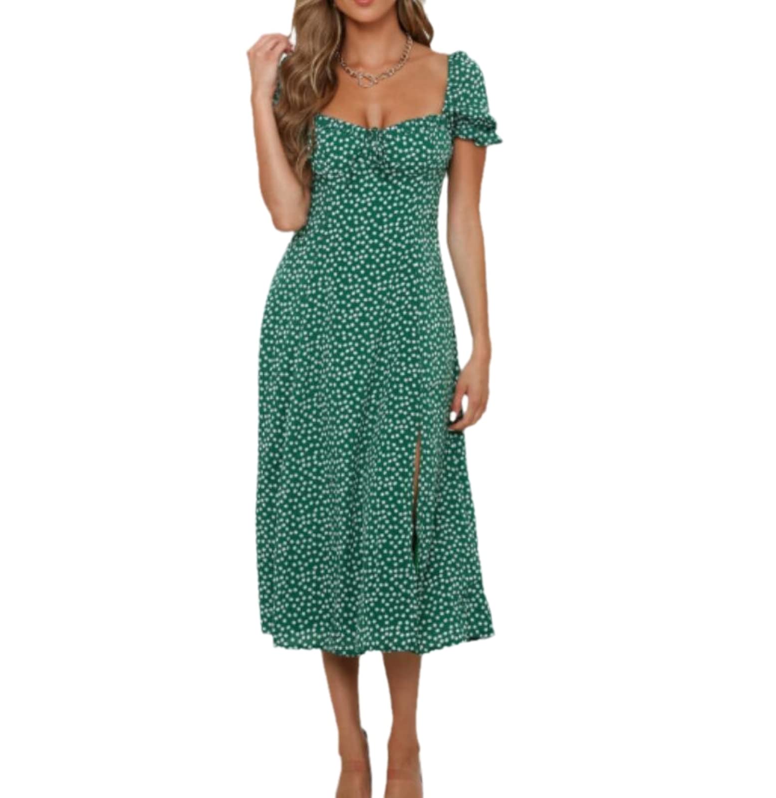 Women's Summer Floral Midi Dress - Green Square Neck Puff Sleeve Slit Dress | Casual Beach Wear & Party Outfit