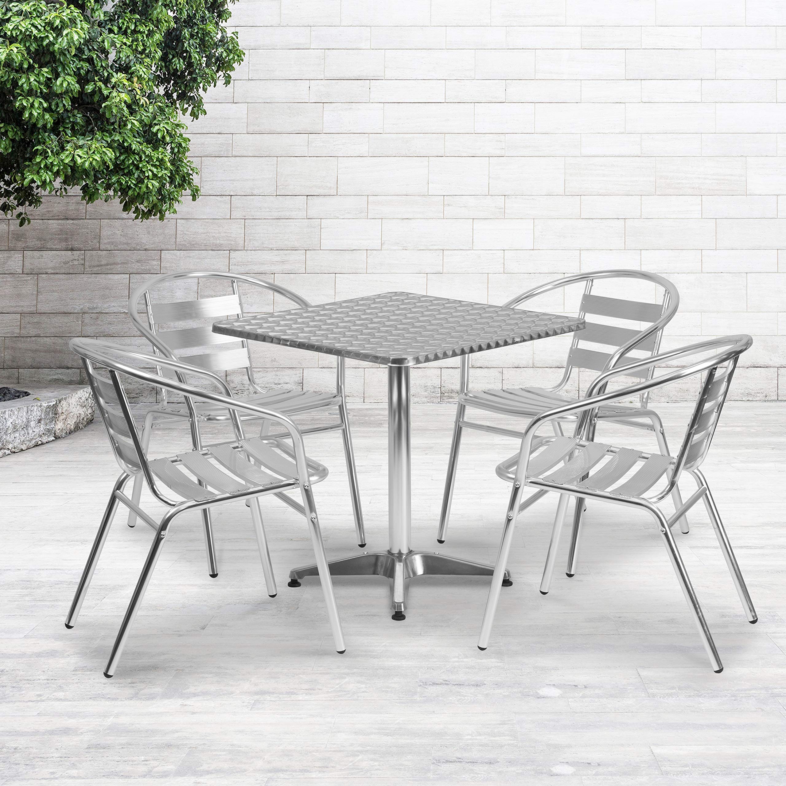 Flash Furniture 5-Piece Aluminum Patio Dining Set with Square Table & 4 Slat Back Chairs - Indoor/Outdoor Bistro Set in Silver | Perfect for Backyard, Garden, Poolside & Restaurant Outdoor Seating