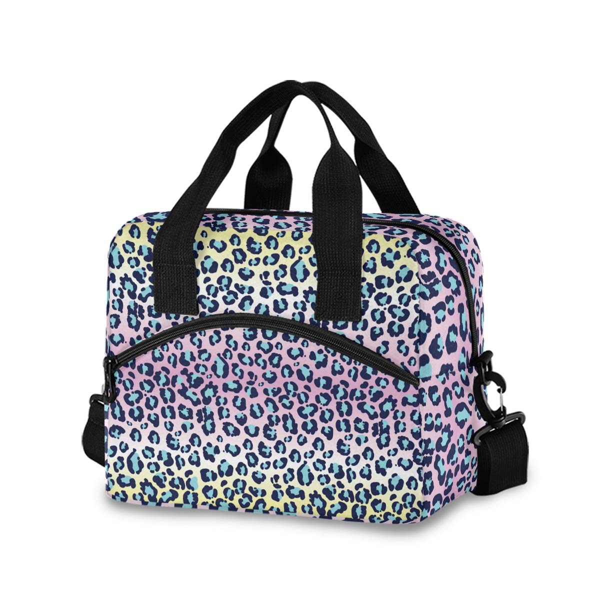Leopard Print Insulated Lunch Bag with Detachable Shoulder Strap - Geometric Rainbow Tote for Women & Men - Perfect for Office, School, Picnic & Hiking - Keep Food Fresh & Stylish On-The-Go