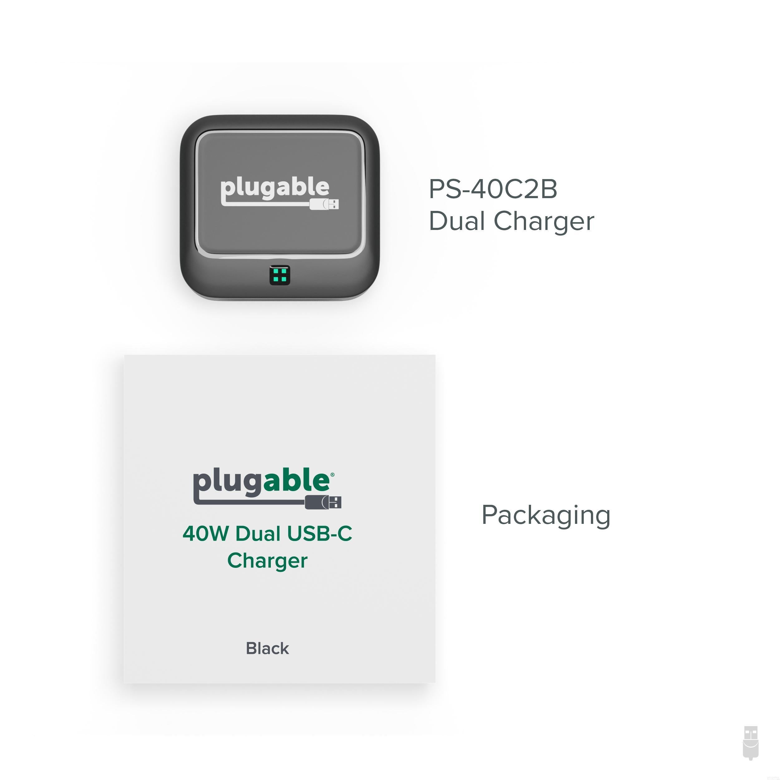 Plugable 40W Dual USB C Fast Charger - High Speed Charging for iPhone, Samsung, MacBook | Compact & Portable for Travel, Office, Home Use