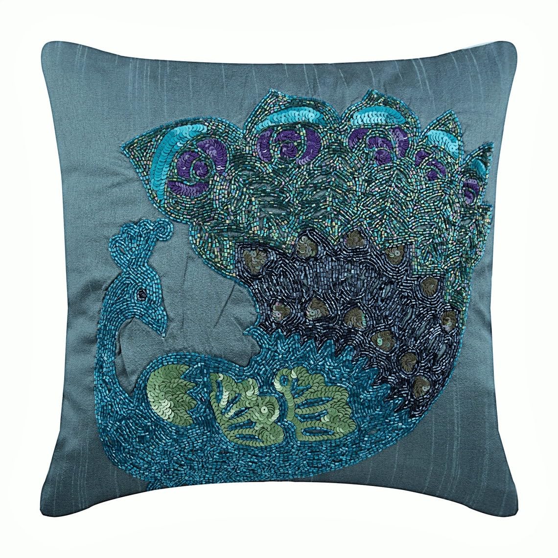 Premium Silk Cushion Covers 16x16 Inch (40x40 cm) - Blue Peacock & Bird Design Beaded Throw Pillows for Sofa, Couch, Bed - Elegant Home Decor & Living Room Accent Pillows