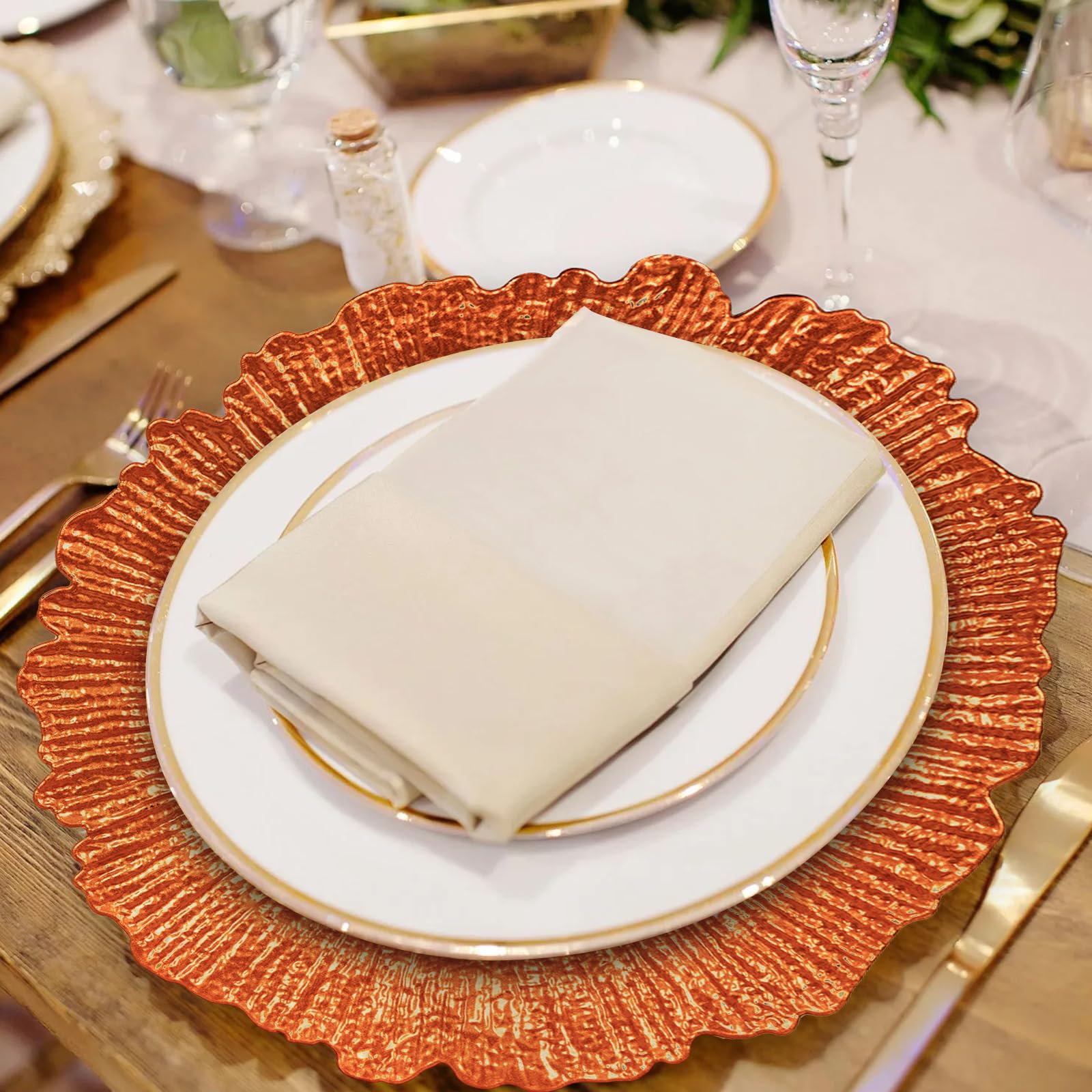 MAONAME 13-inch Orange Plastic Charger Plates - Set of 6, Elegant Dinner Plate Chargers for Wedding Decor, Party Table Setting & Holiday Dining