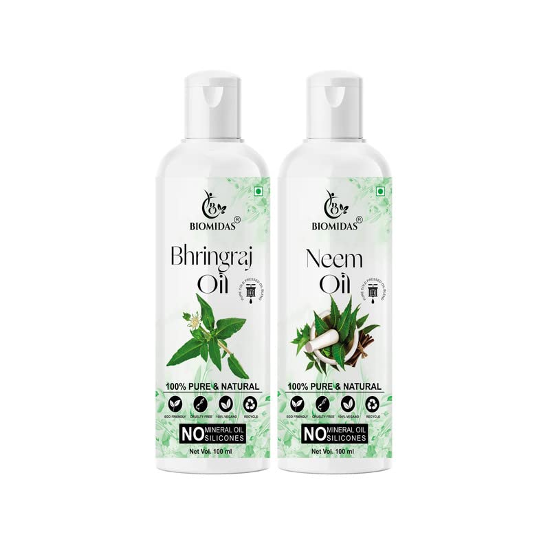 Biomidas 100% Pure Bhringraj Oil & Neem Oil Combo (100ML Each) - Promotes Rapid Hair Growth, Reduces Hair Fall, Repairs Split Ends for Soft & Shiny Hair - Natural Ayurvedic Hair Care Solution for Men & Women - Perfect for Daily Hair Treatment & Scalp Massage