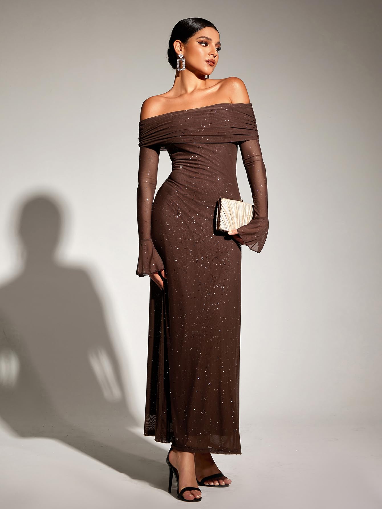 KUTUMAI Women's Off Shoulder Bodycon Maxi Dress - Long Sleeve Mesh Ruched Party Gown for Wedding Guest, Evening Events & Special Occasions