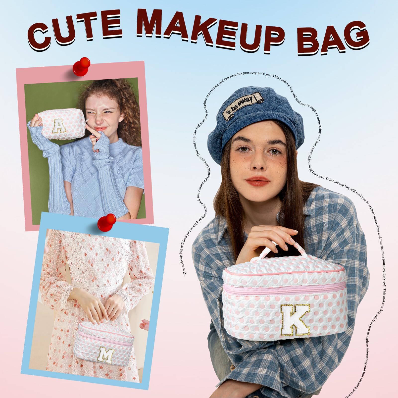 YOOLIFE Personalized Initial Makeup Bag for Teens - Travel Cosmetic Pouch for Girls Age 5-16 | Cute Birthday Gift, Easter Present & School Essentials | Perfect for Sleepovers, Travel & Daily Organization