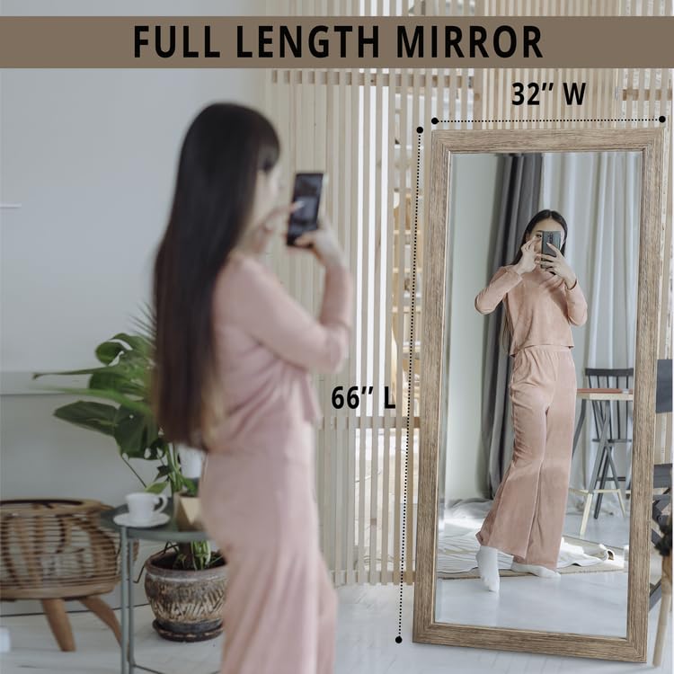 Naomi Home Farmhouse Full-Length Mirror with Rustic Wood Frame - 66x32 Inch Elegant Floor Mirror for Bedroom, Living Room & Entryway - Natural Finish Full Body Mirror