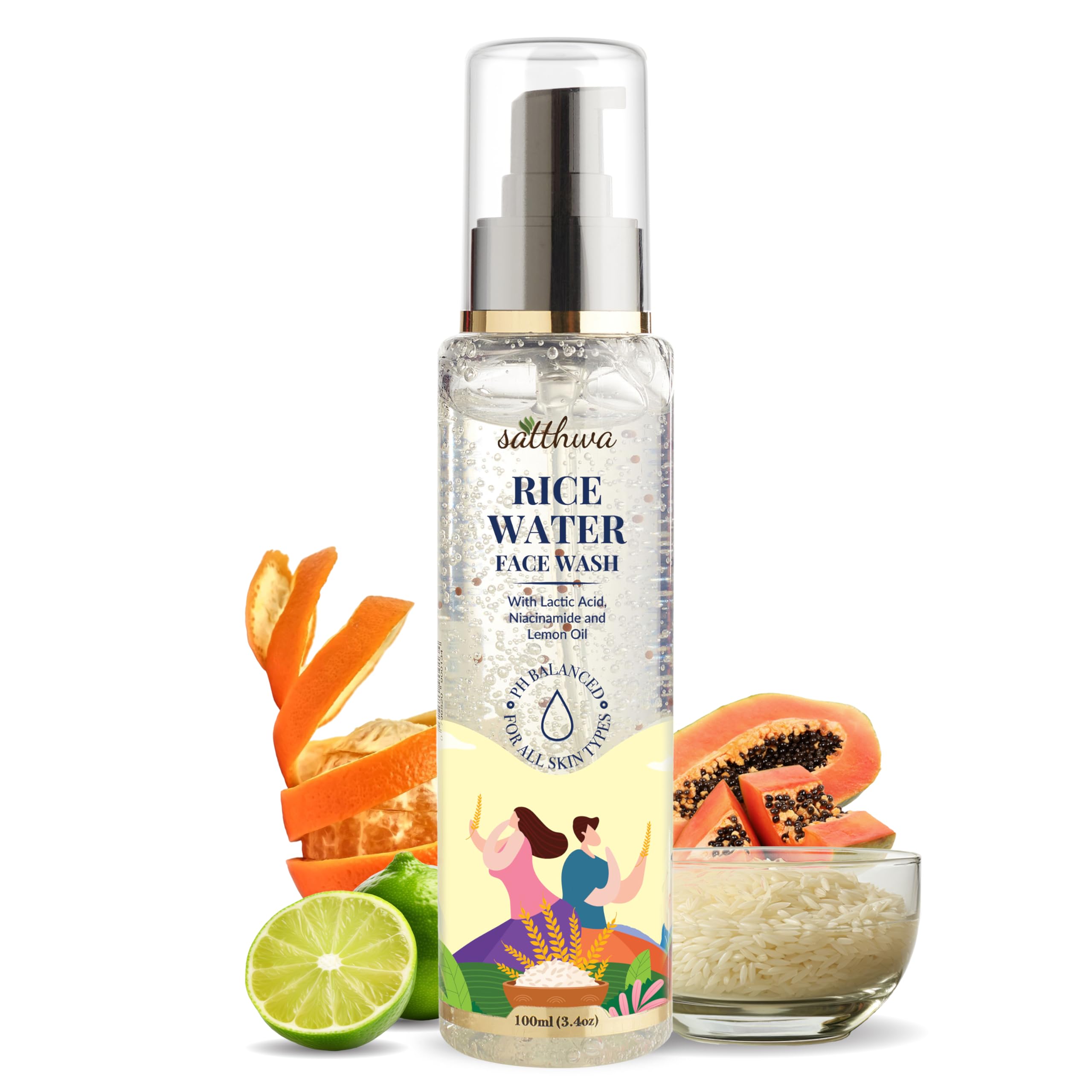 Satthwa Rice Water Face Wash with Niacinamide for Glass Skin | Brightening, Tightening & Even Skin Tone | Gentle Formula for All Skin Types - 100ml | Daily Cleanser for Radiant, Youthful Complexion | Perfect for Morning & Night Skincare Routine