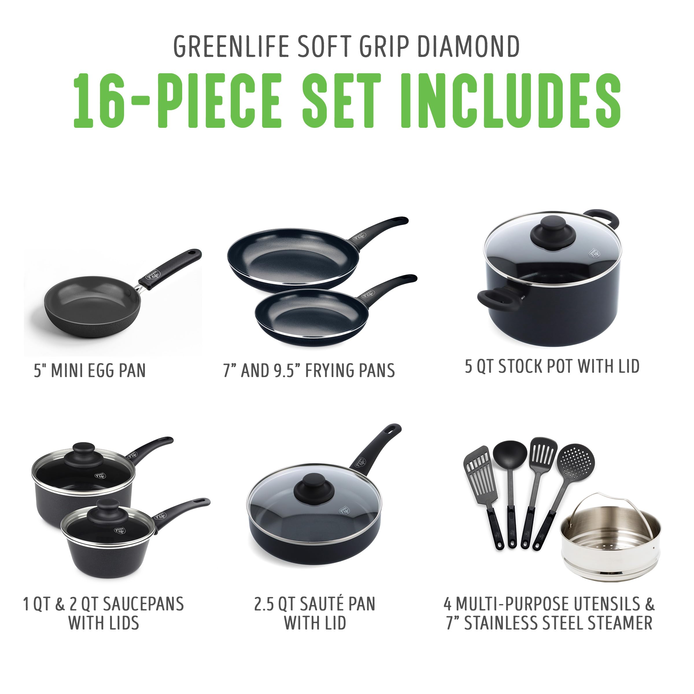 GreenLife Soft Grip 16-Piece Non-Toxic Ceramic Nonstick Cookware Set - PFAS-Free, Wobble-Free Design with Glass Lids & Stay-Cool Handles - Oven & Dishwasher Safe Frying Pan, Saucepan, Saute Pan & Utensils - Perfect for Healthy Cooking, Family Meals & Everyday Kitchen Use