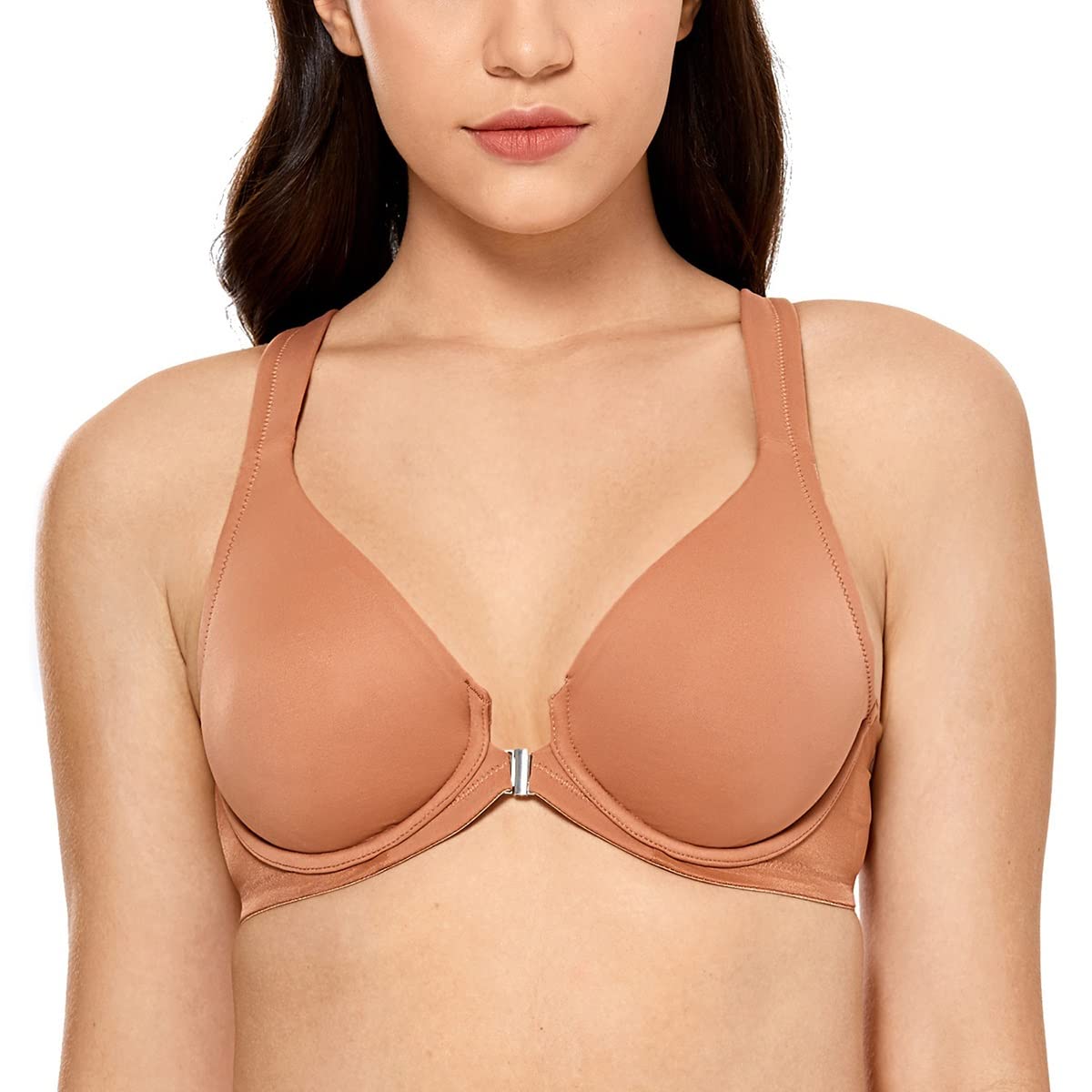 Full Coverage Underwire Bras for Women - Plus Size 40D Unlined Plunge Front Closure Bra in Milk Tea Color | Comfortable Support for Everyday Wear & Special Occasions