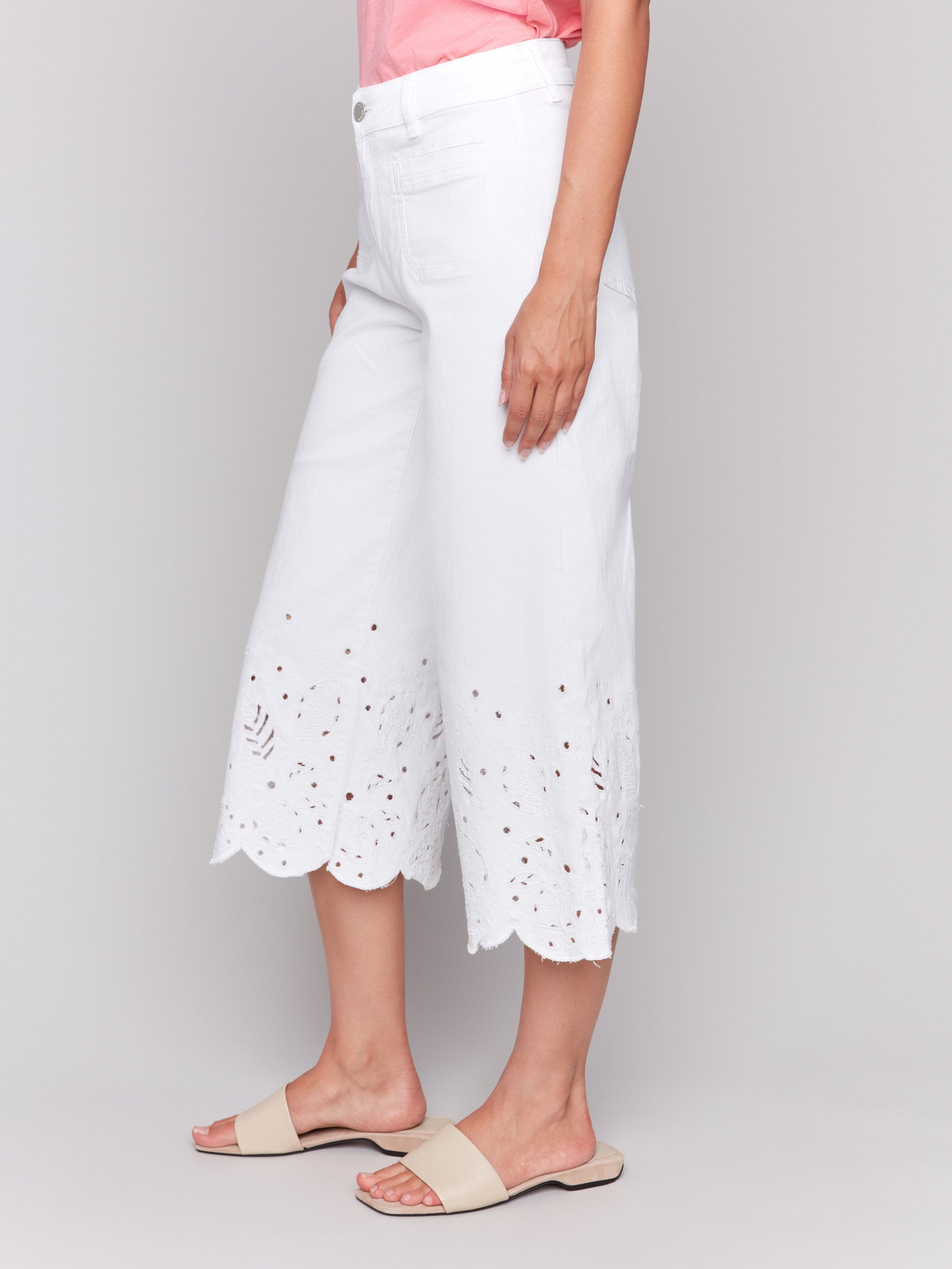 Stylish Wide Leg Cropped Jeans with Scallop Embroidered Hem - White Denim Pants for Women | Perfect for Casual Outings & Summer Fashion