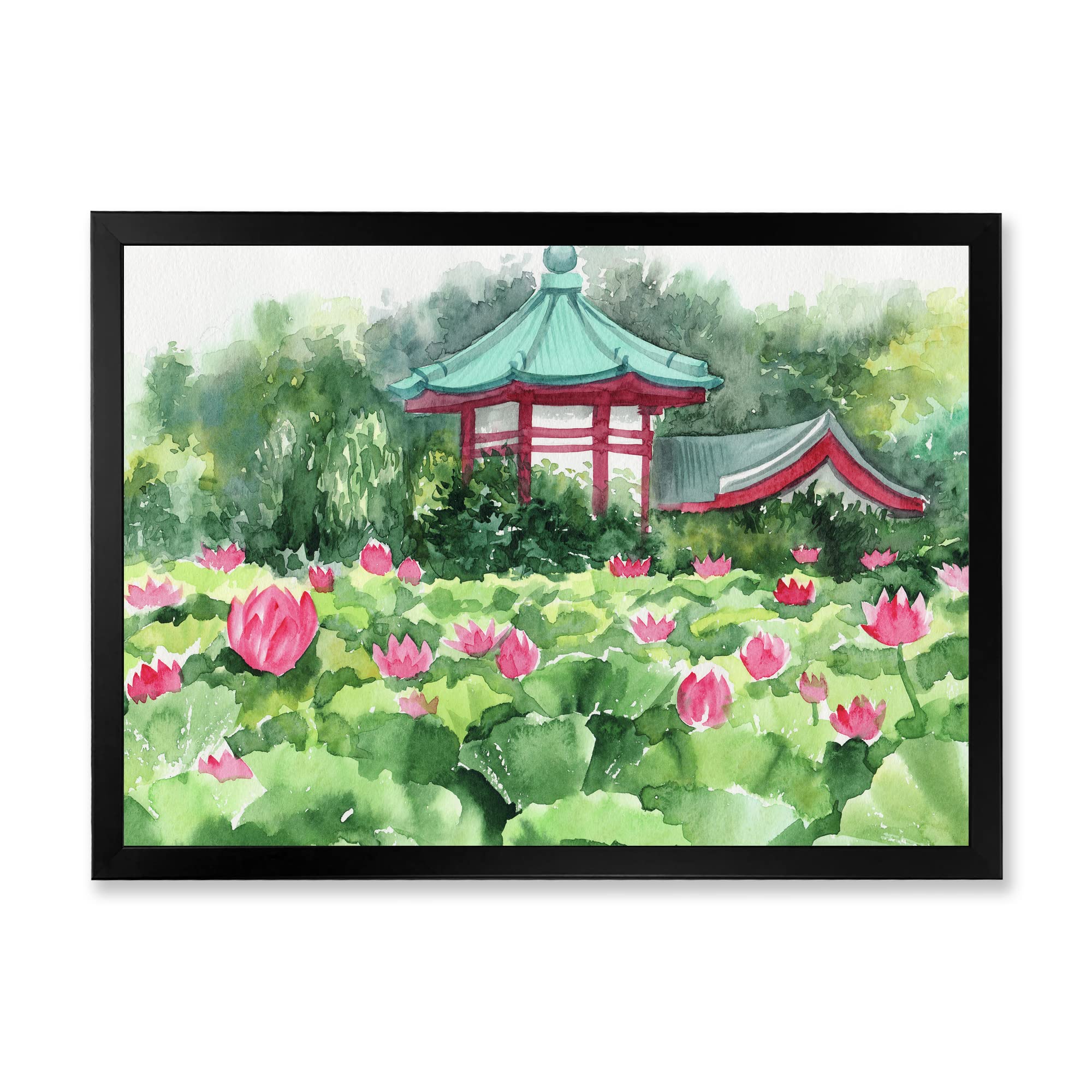 DesignQ Lotus Lake and Pagoda Traditional Asian Framed Wall Art - Perfect for Living Room, Bedroom & Office Decor