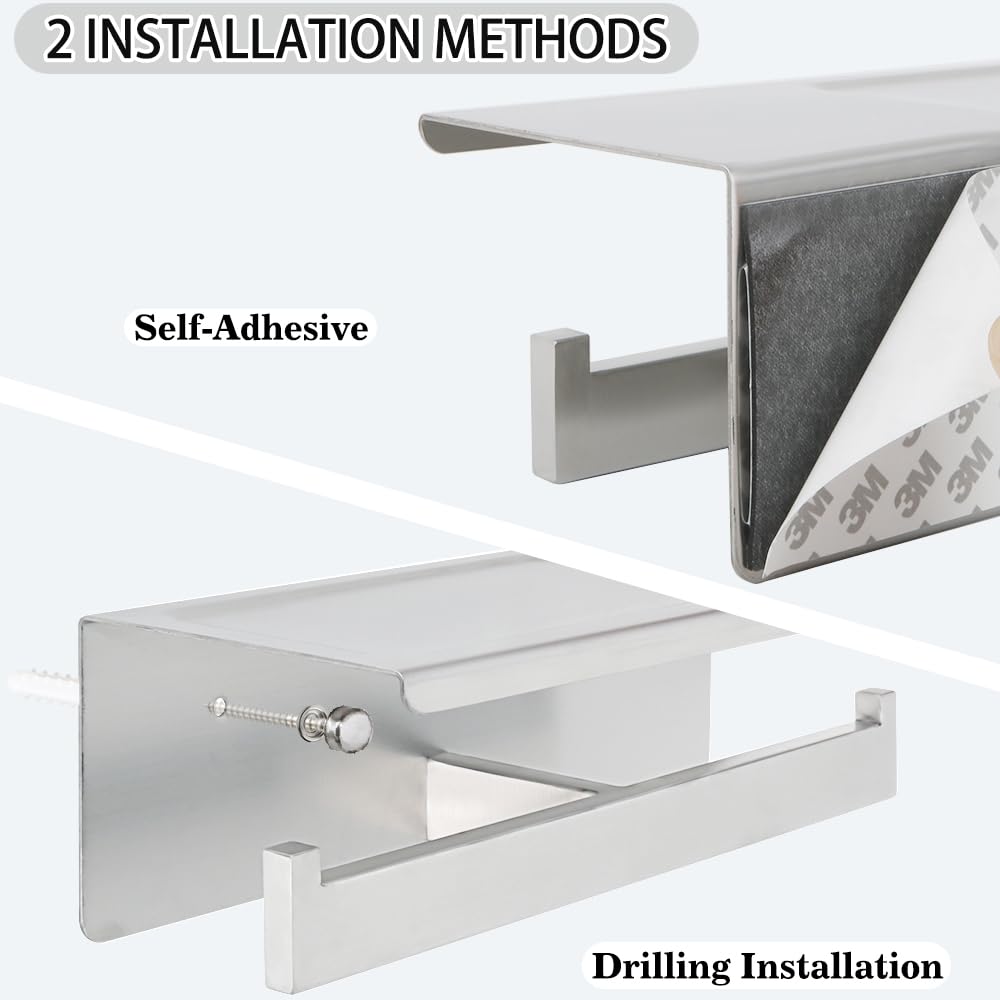 Alise Double Toilet Paper Holder - SUS304 Stainless Steel Bathroom Tissue Roll Holder with Shelf | Wall Mount or Self-Adhesive Installation | Brushed Nickel Finish | Perfect for Small Bathrooms, Powder Rooms & RVs