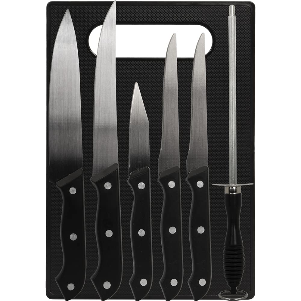 CK6PC 5-Piece Premium Knife Set with Bamboo Cutting Board & Sharpening Steel | Includes Deco Essentials 3-Slot Manual Knife Sharpener & Cut-Resistant Kitchen Gloves | Perfect for Home Chefs, Meal Prep & Professional Cooking