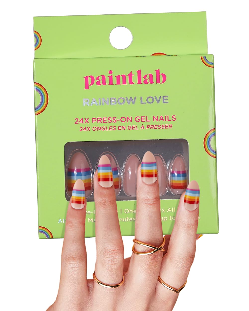 PaintLab Press-On Nails Kit - 24PCS Rainbow Love Fake Nails with Glue, Nail File, Prep Pad & Cuticle Stick | Long Lasting Artificial Nails for Women | Perfect for Parties, Weddings, Date Nights & Daily Wear