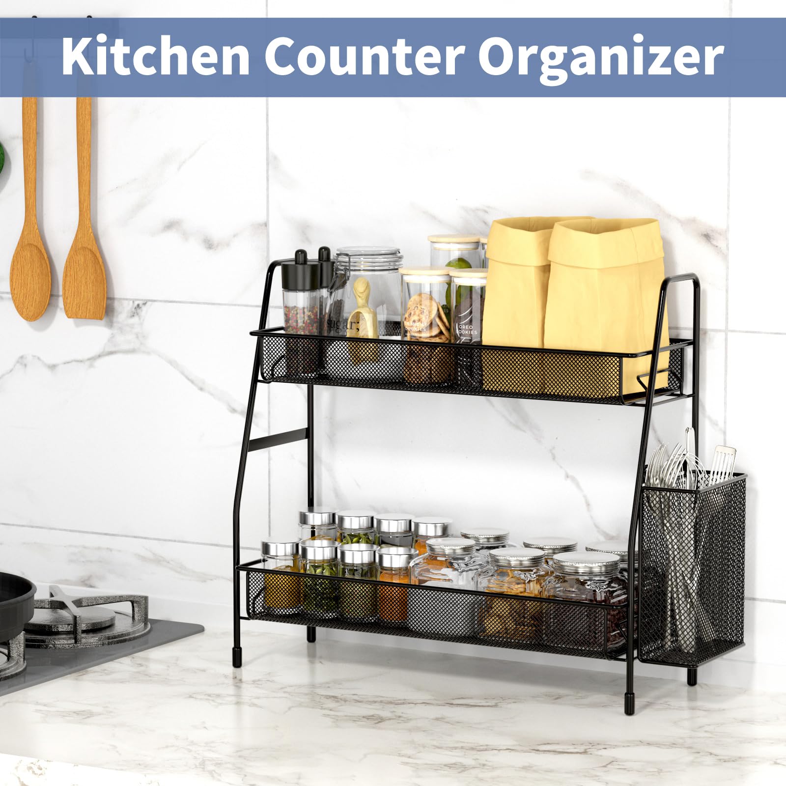 EKNITEY 2-Tier Metal Bathroom Countertop Organizer Shelf - Spice Rack & Makeup Organizer for Perfumes, Cosmetics | Perfect for Sink, Bedroom, Living Room, Kitchen & Office Storage Solutions