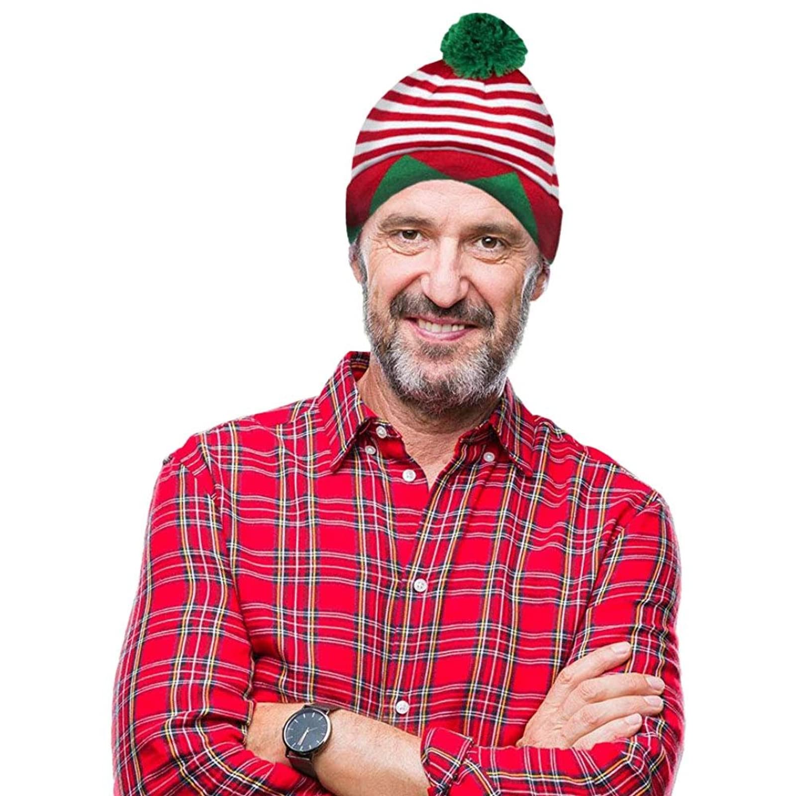 Juvale 2-Pack Christmas Elf Hats for Adults - Striped Knit Beanie with Green Pom Poms (95% Acrylic 5% Spandex) - Festive Holiday Party Accessories for Xmas Photos & Ugly Sweater Contests