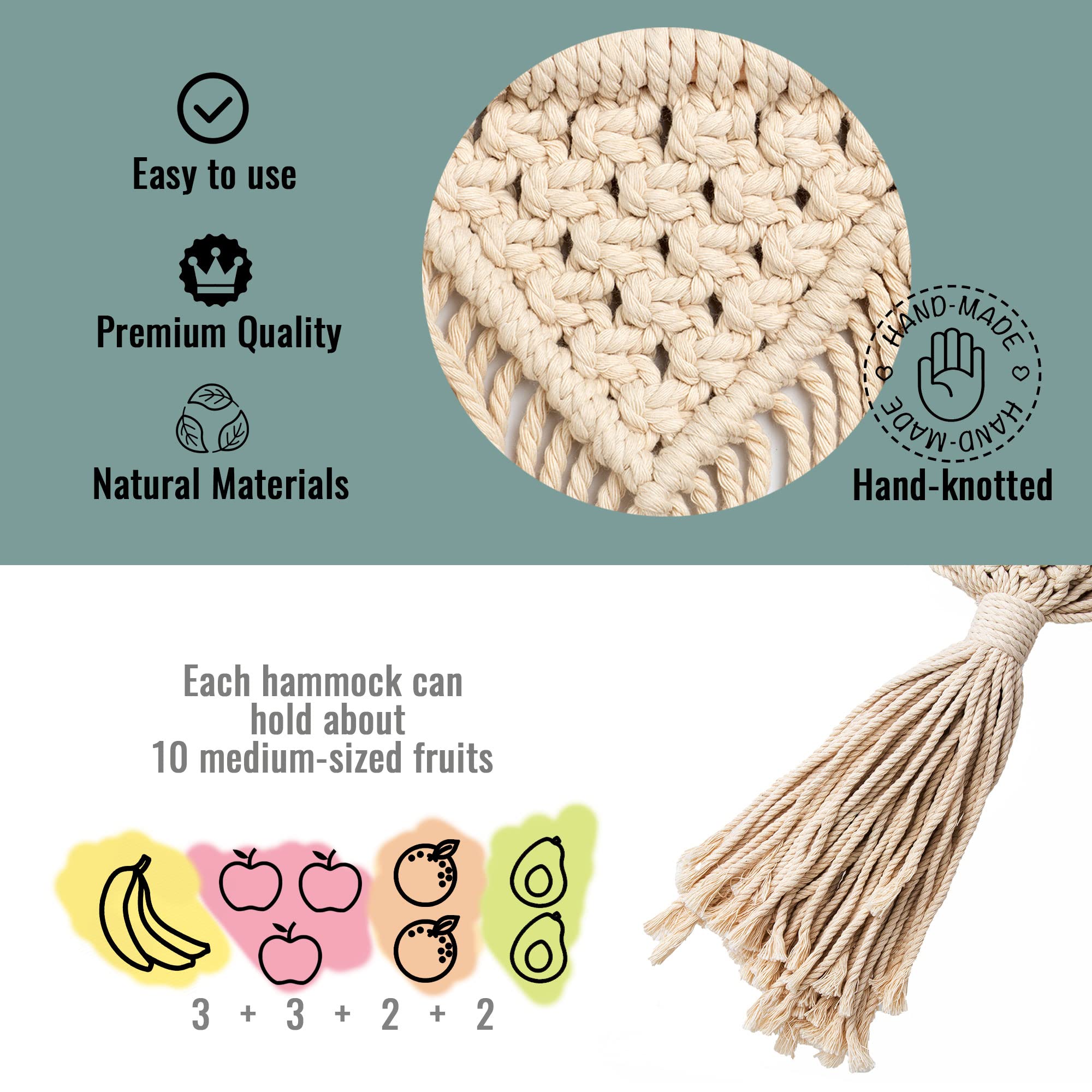 Macrame Wall Mounted Fruit Basket - Boho Kitchen Decor for Fresh Fruits & Vegetables | Perfect for Small Spaces, Pantry Organization & Stylish Home Decor