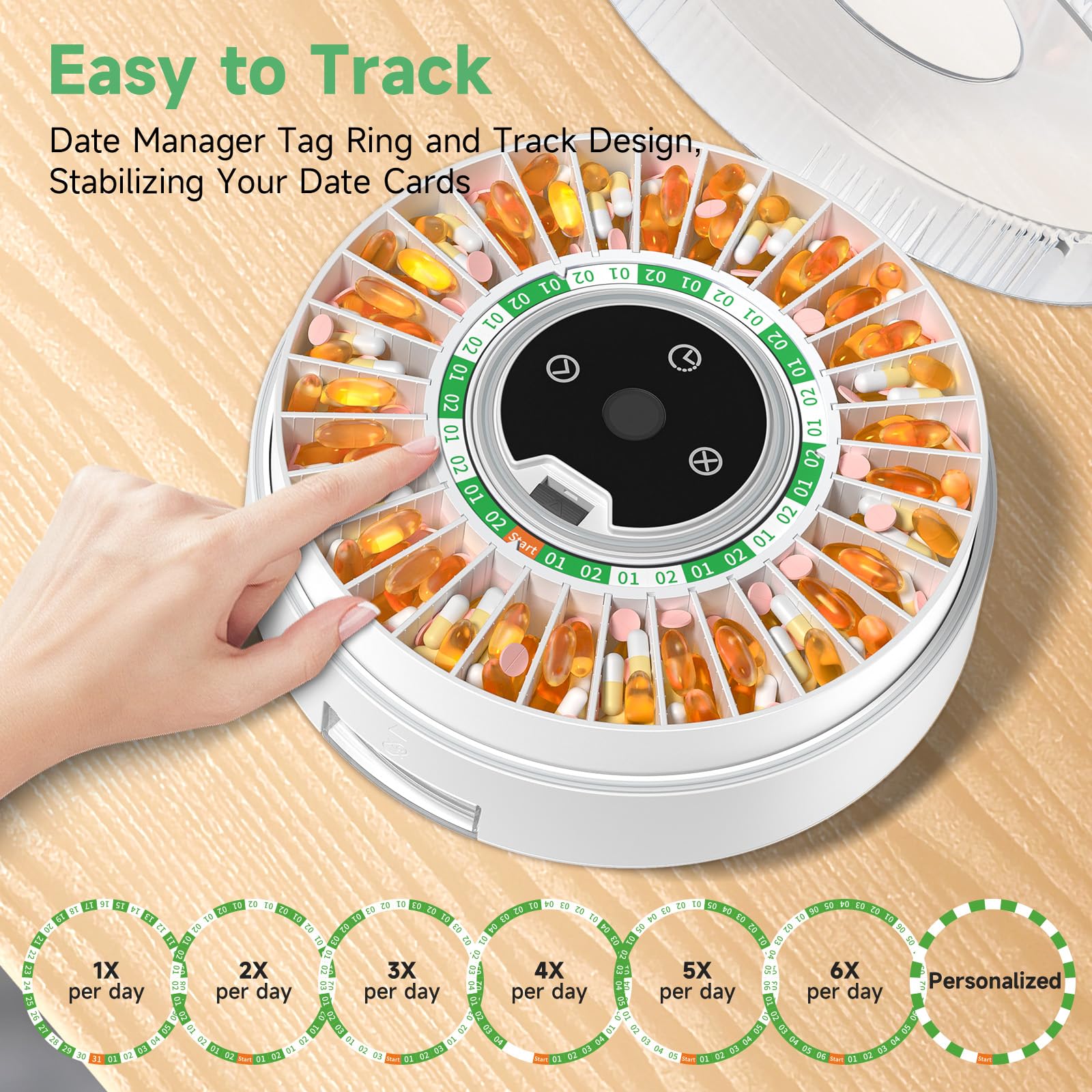 Zoksi Premium 31-Slot Automatic Pill Dispenser with Fingerprint & Key Lock - Smart Medication Organizer with Alarm & LED Light - Electronic Pill Box for Elderly & Memory Care - Perfect for Daily Medication Management & Travel (Green)