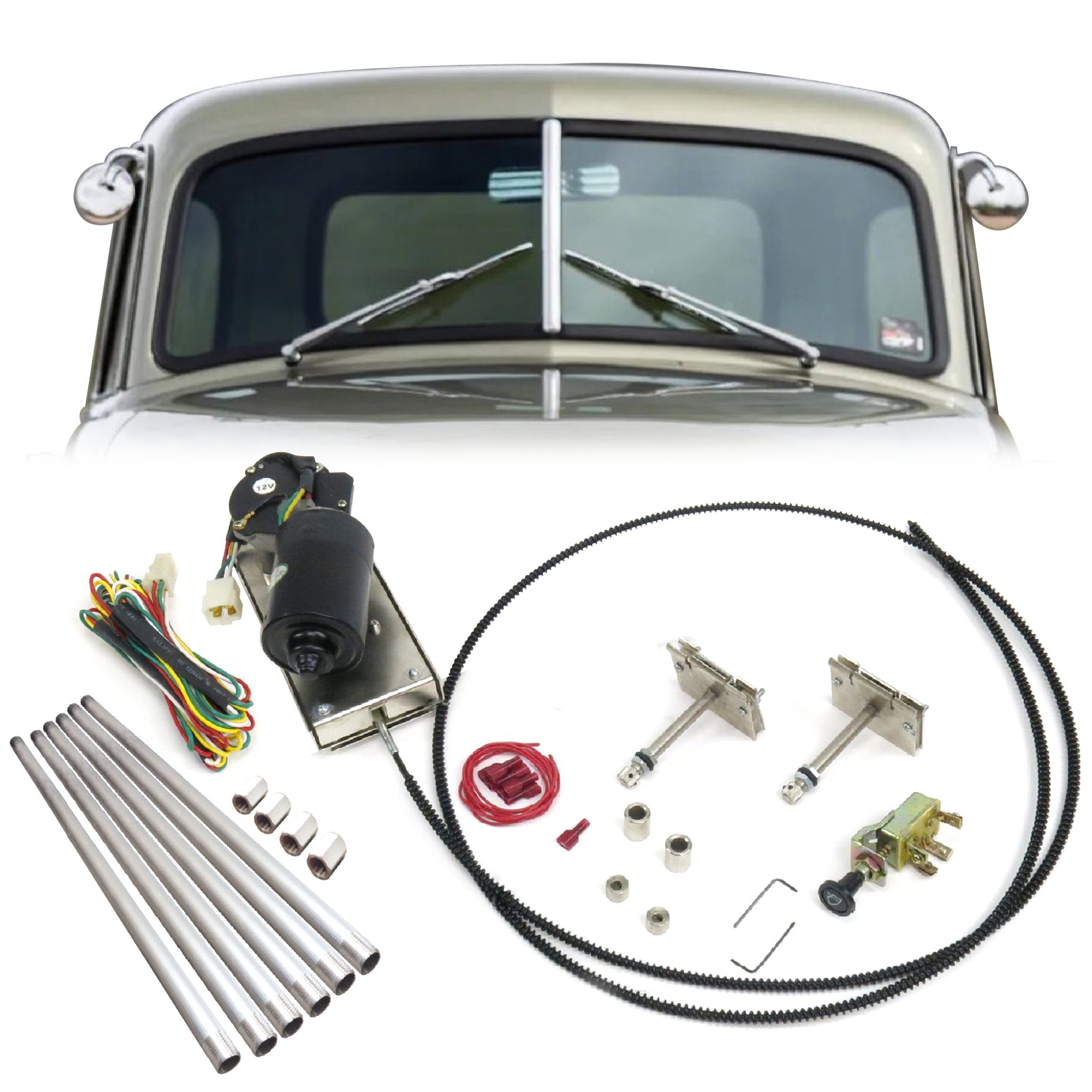 1901-1907 Oldsmobile Curved Dash Adjustable 3-Position Power Windshield Wiper Kit with Switch & Harness - Vintage Car Restoration & Classic Auto Parts for Antique Vehicle Maintenance