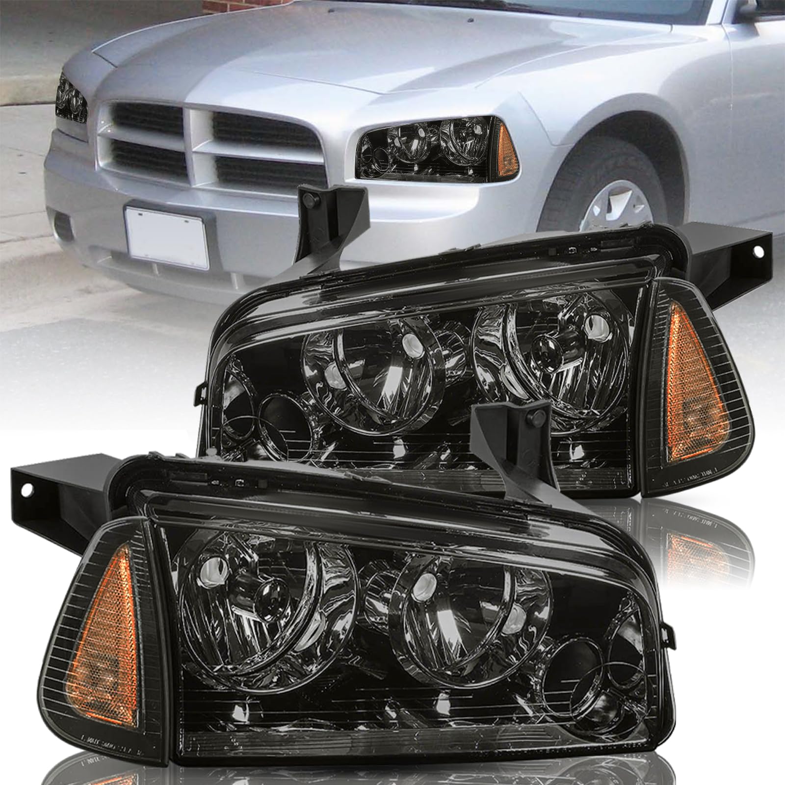 2006-2010 Dodge Charger Headlight Assembly - Black Housing Smoke Lens with Amber Reflector (Passenger & Driver Side) | Replacement Headlights for Improved Night Visibility & Style Upgrade