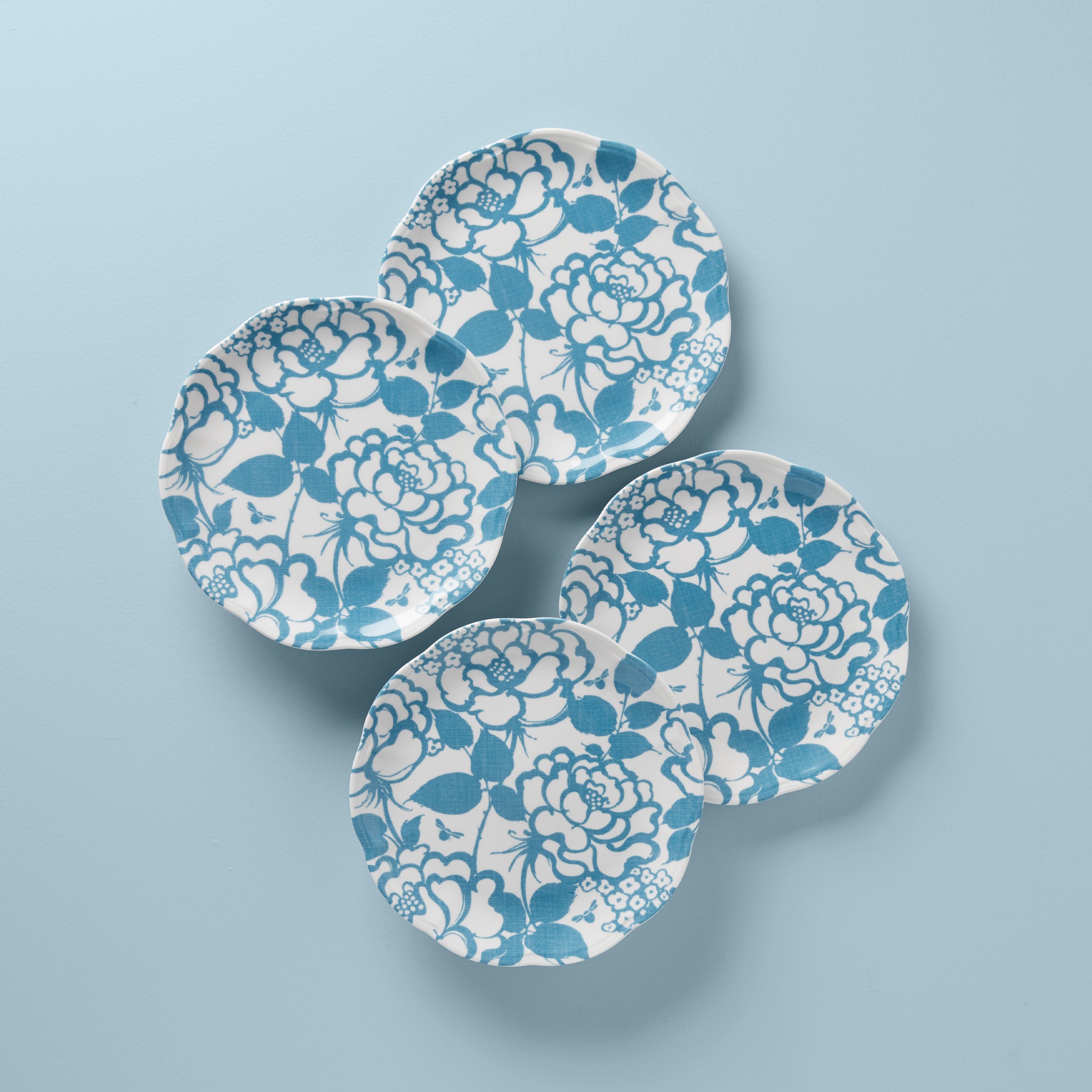 Butterfly Meadow Cottage Cornflower Accent Plates - Set of 4 Floral Dinner Plates for Spring Table Decor, Tea Party, and Farmhouse Dining