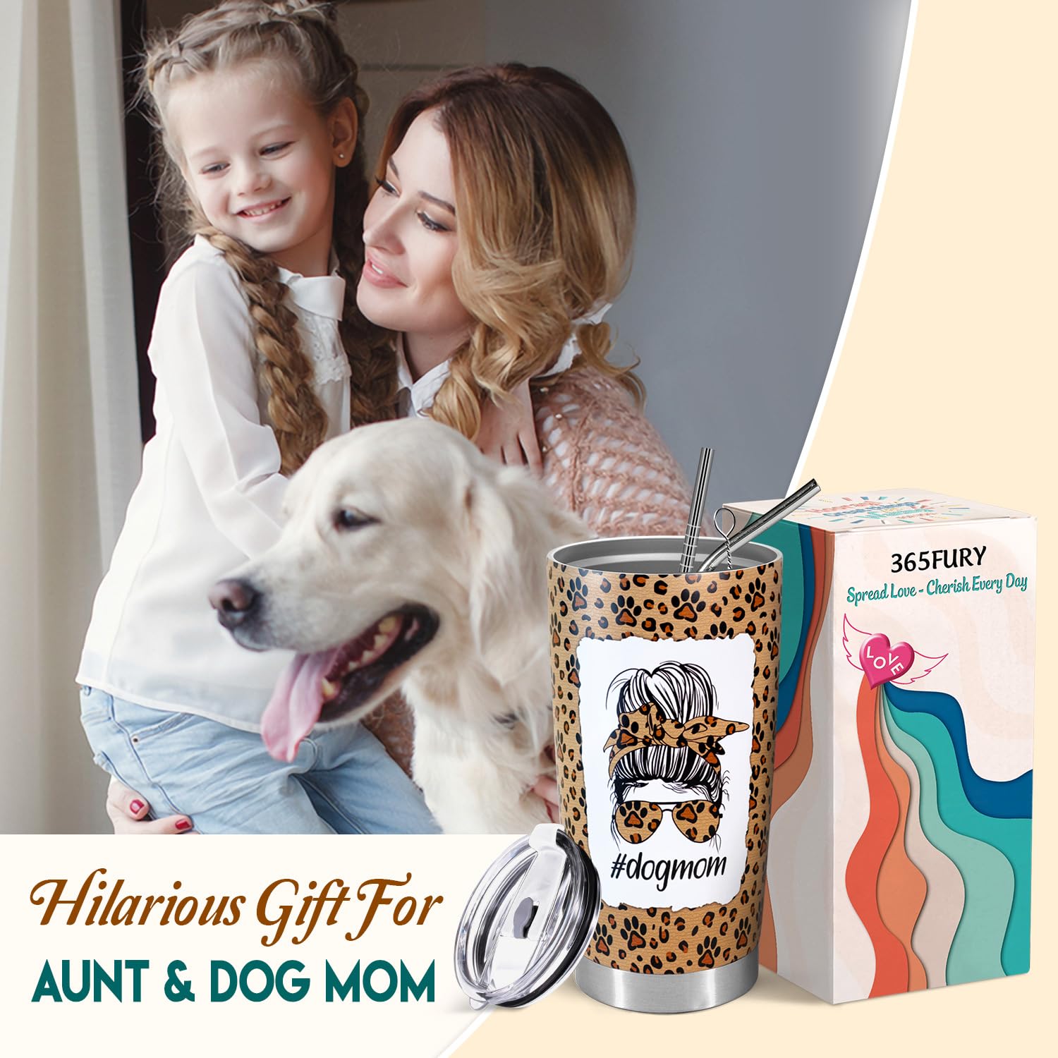 **20oz Insulated Travel Coffee Mug with Lid & Straw - Perfect Gift for Aunt, Dog Mom, or Pet Lover - Birthday, Mother's Day, Niece/Nephew Gift Idea - Great for Commuting, Work, or Outdoor Adventures**