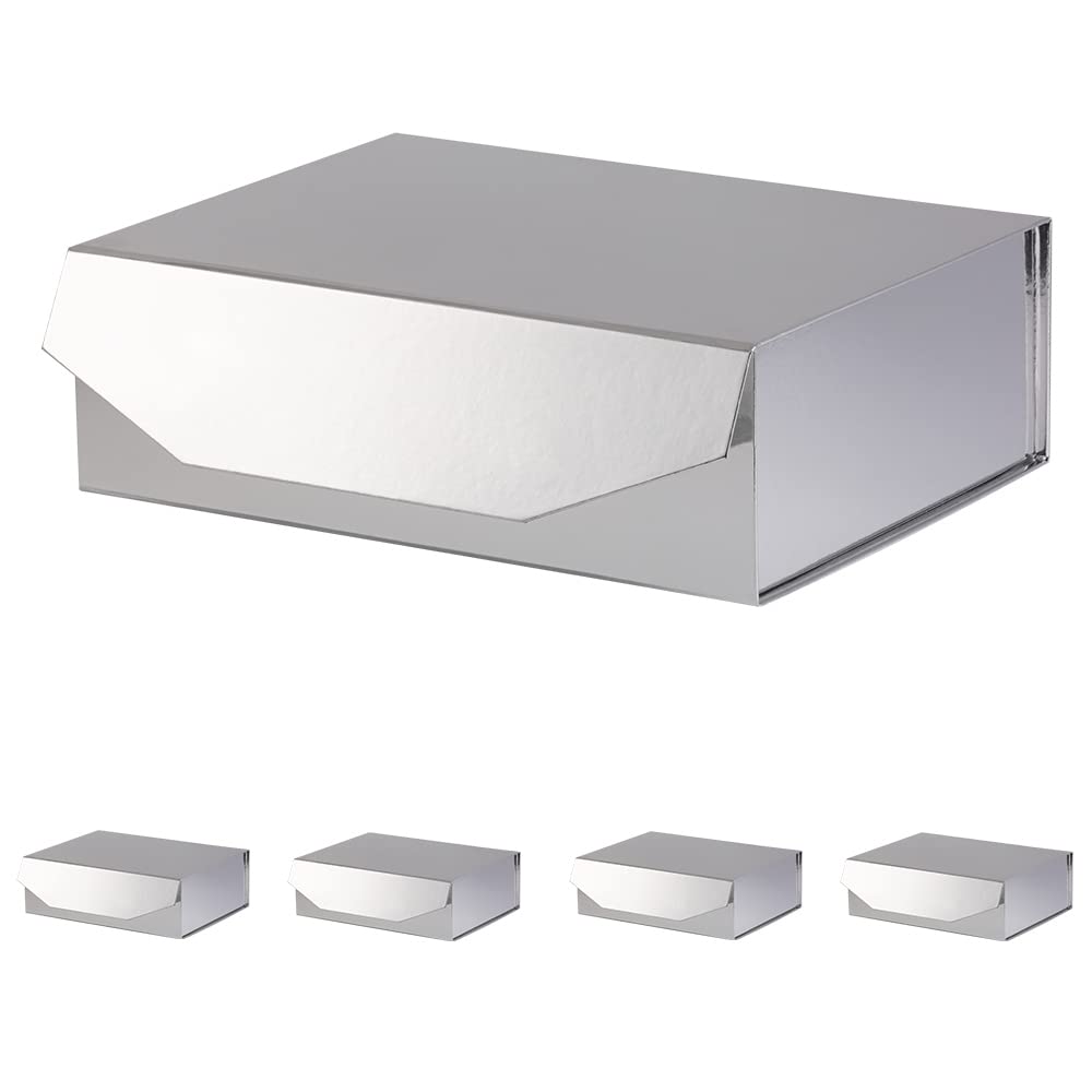 5 Large Silver Gift Boxes with Lid 13x9x4 Inches - Magnetic Closure Collapsible Storage Box for Bridesmaid Proposals, Groomsman Gifts, Jewelry, Clothes & Accessories - Reusable Glossy Silver Wedding Party Gift Box (Perfect for Proposals, Anniversaries & Special Occasions)